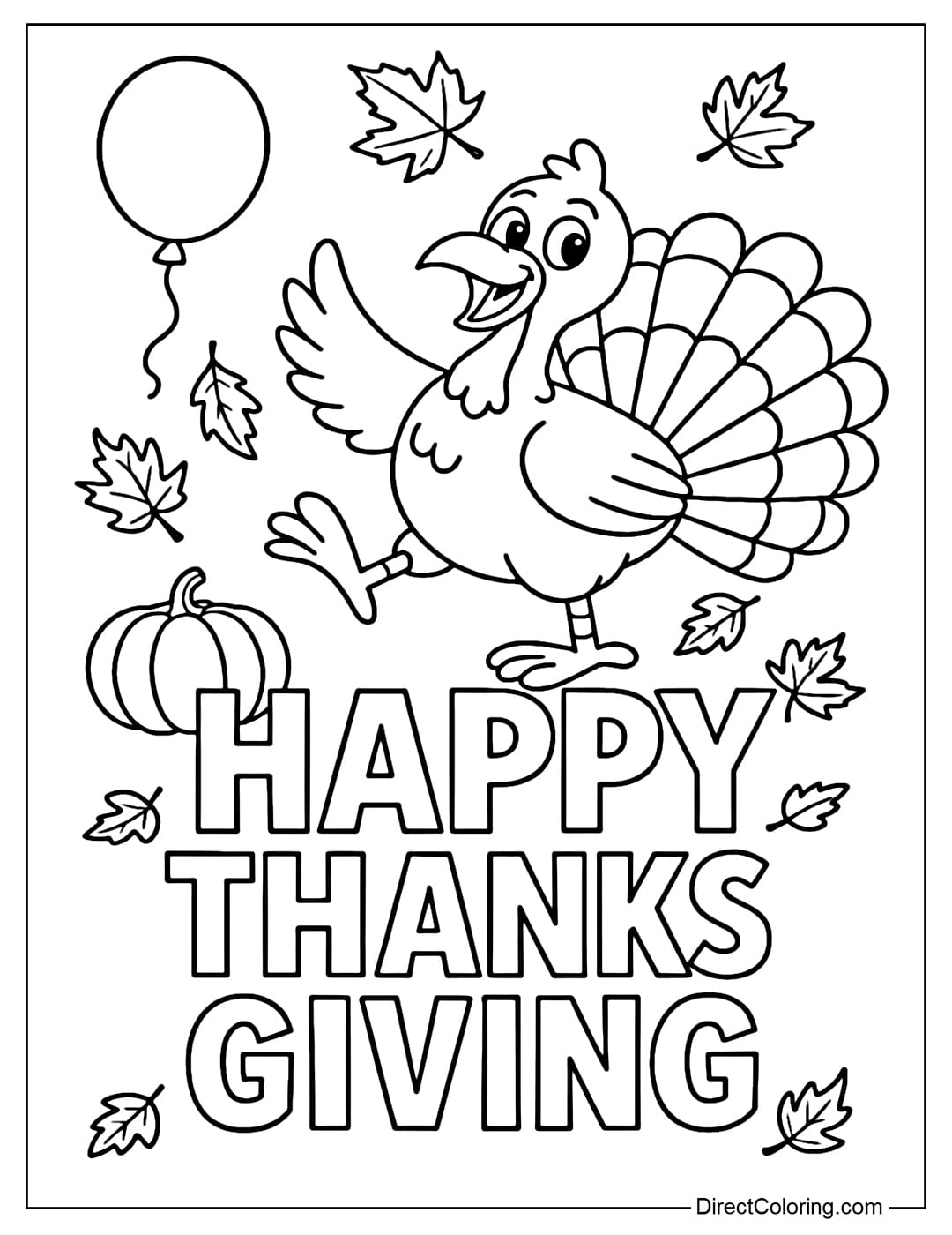 A “Happy Thanksgiving” banner coloring page decorated with balloons, falling leaves, pumpkins and a fun cartoon turkey.