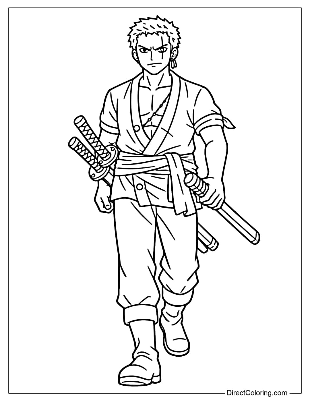 Roronoa Zoro is walking, holding a sword, in a simple and easy-to-understand pose.