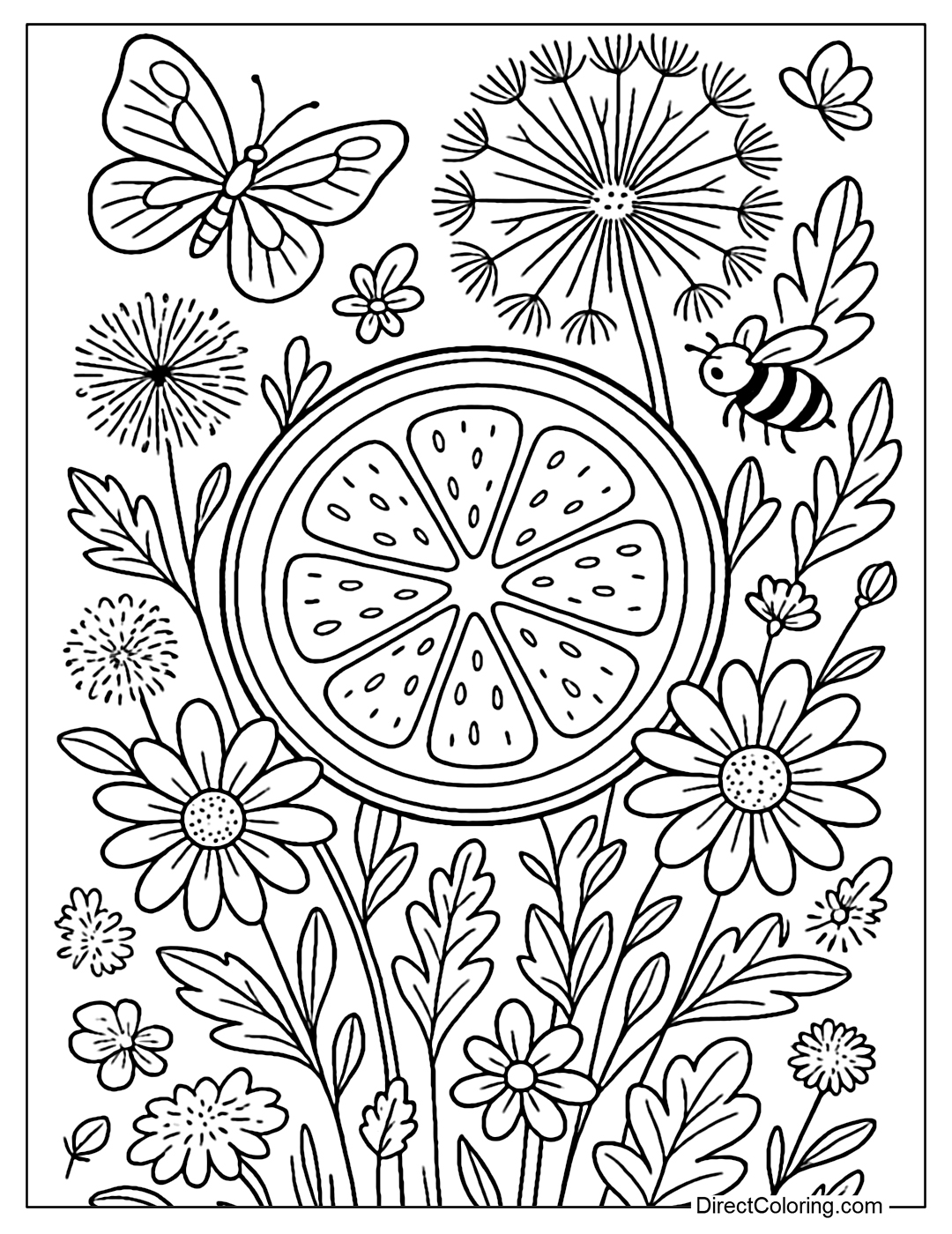 Lemon slice coloring page in a summer wildflower garden: dandelion, white daisies, bees and butterflies.