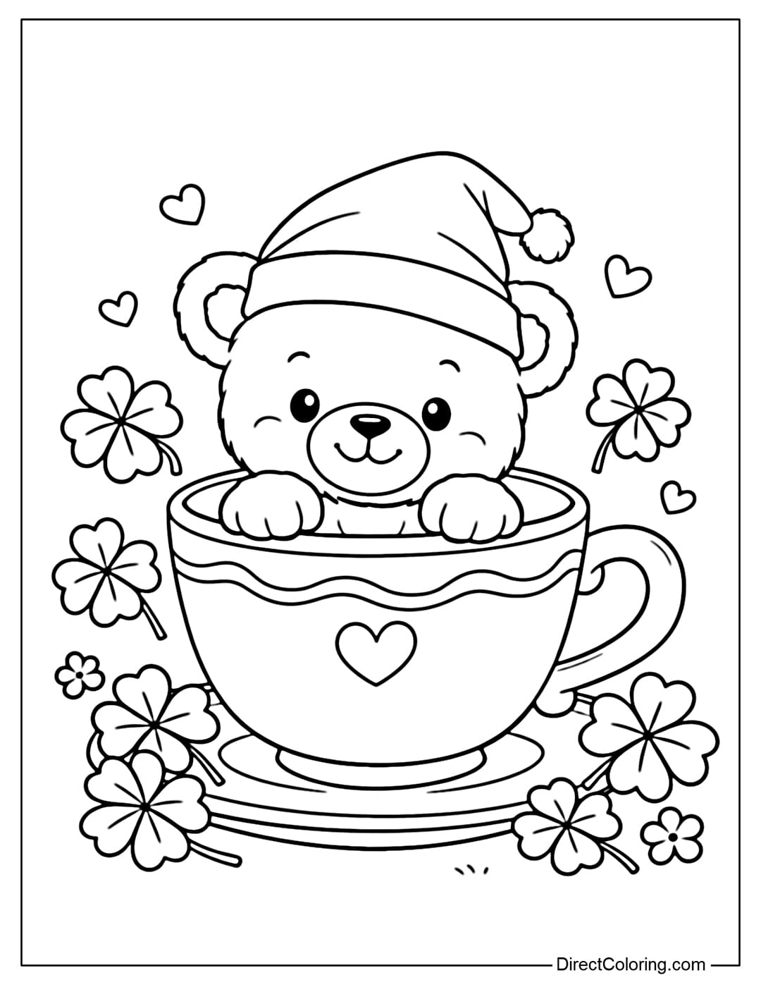 Coloring page with a cute teddy bear wearing a blue hat sitting in a teacup, surrounded by lucky shamrocks.