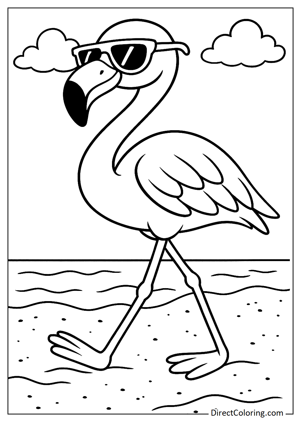 Flamingo wearing sunglasses and walking on the sand coloring page