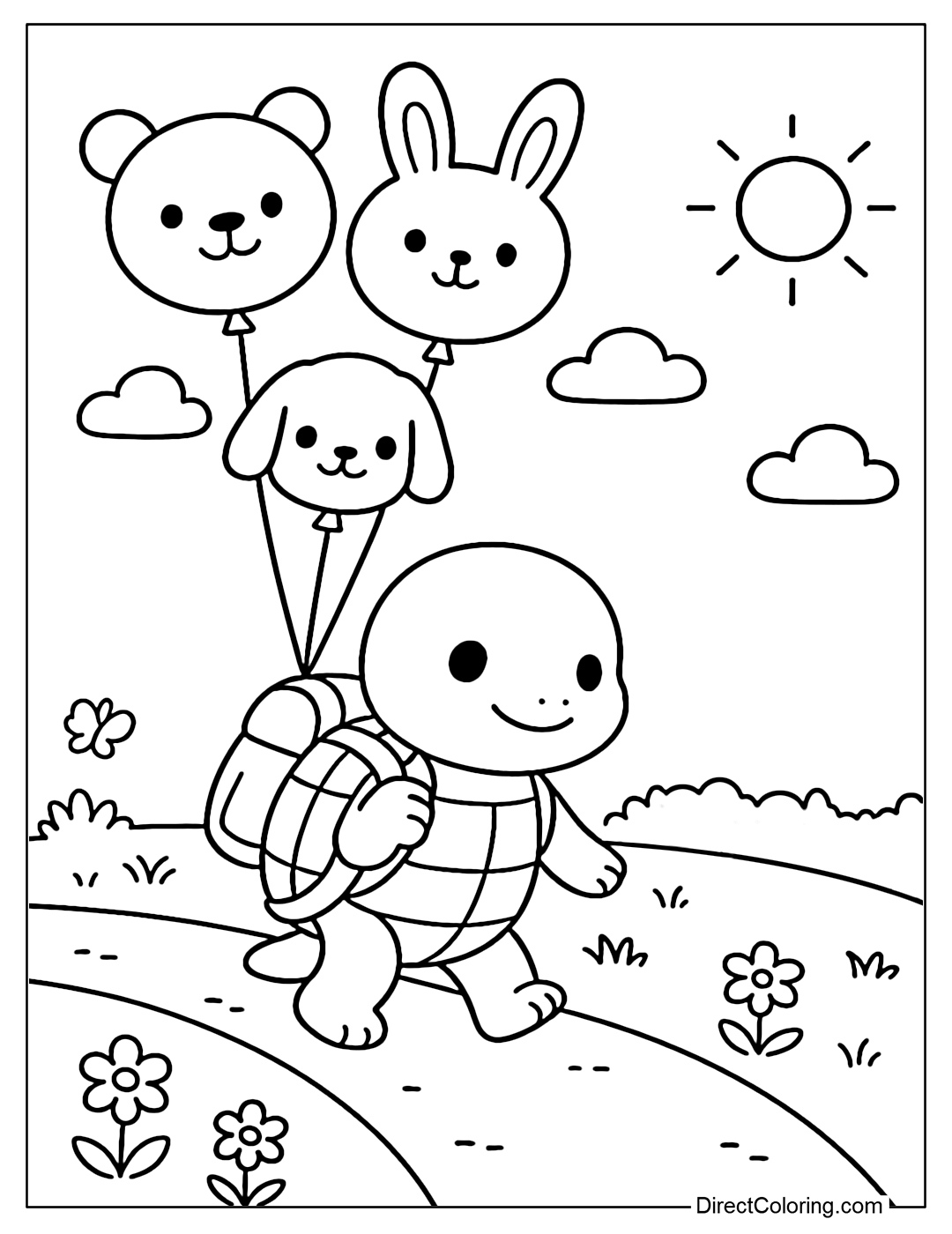 A coloring page of a turtle wearing a backpack with a bunch of animal-shaped balloons tied to it, walking along a path with blooming flowers and gentle sunlight.