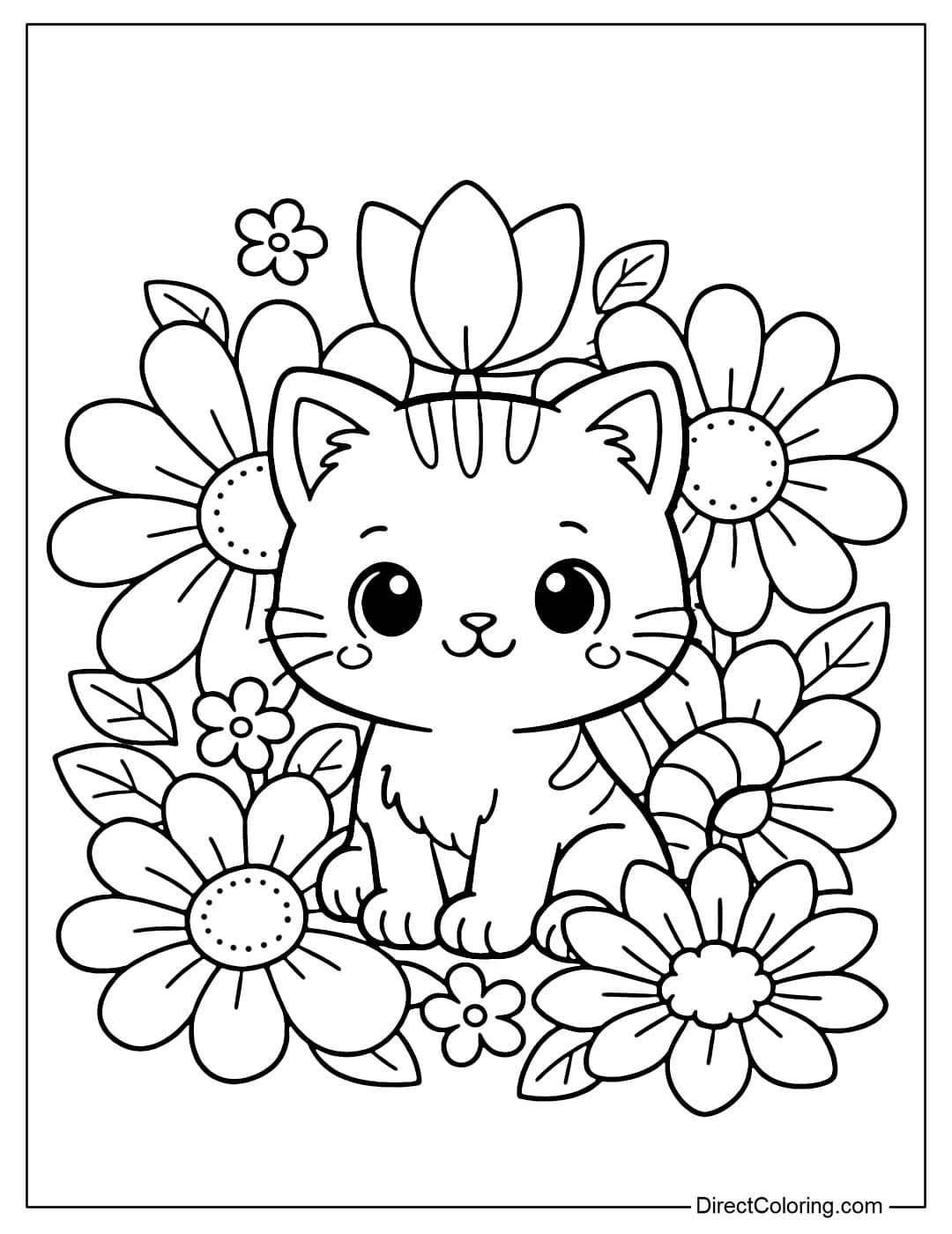 A cute cat sitting among large flowers.