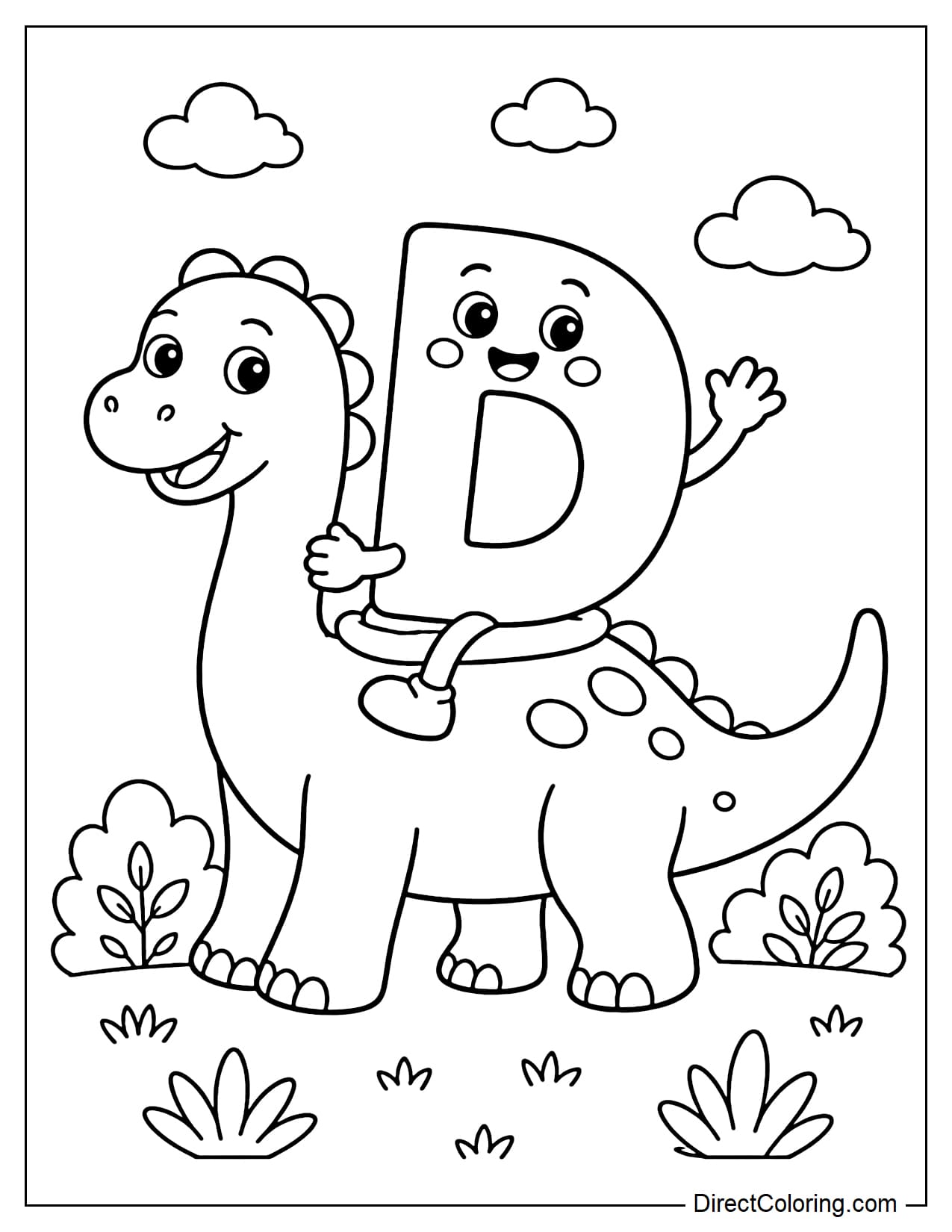 The cheerful letter D is sitting on the back of a friendly dinosaur, surrounded by bushes and small clouds.