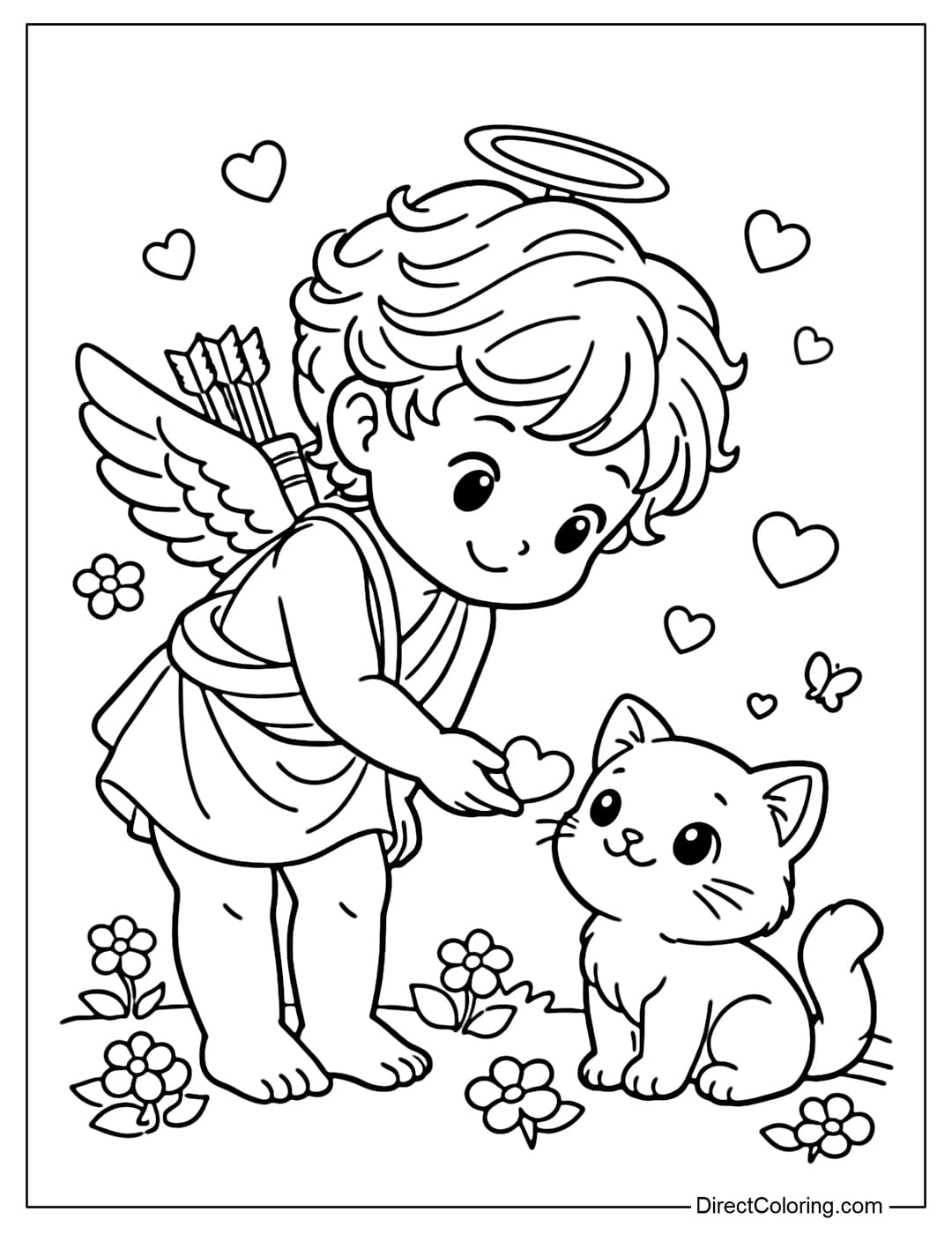 A coloring page of a Cupid playing with a cute cat, giving the cat a small heart.