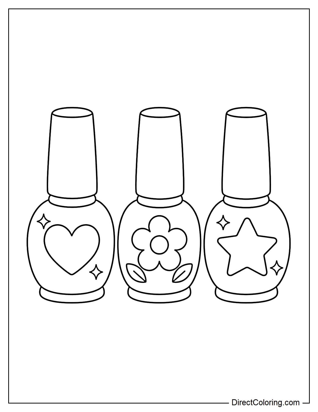 Three nail polish bottles standing together, each with a cute rounded shape and a different label decorated with a heart, flower, or star.