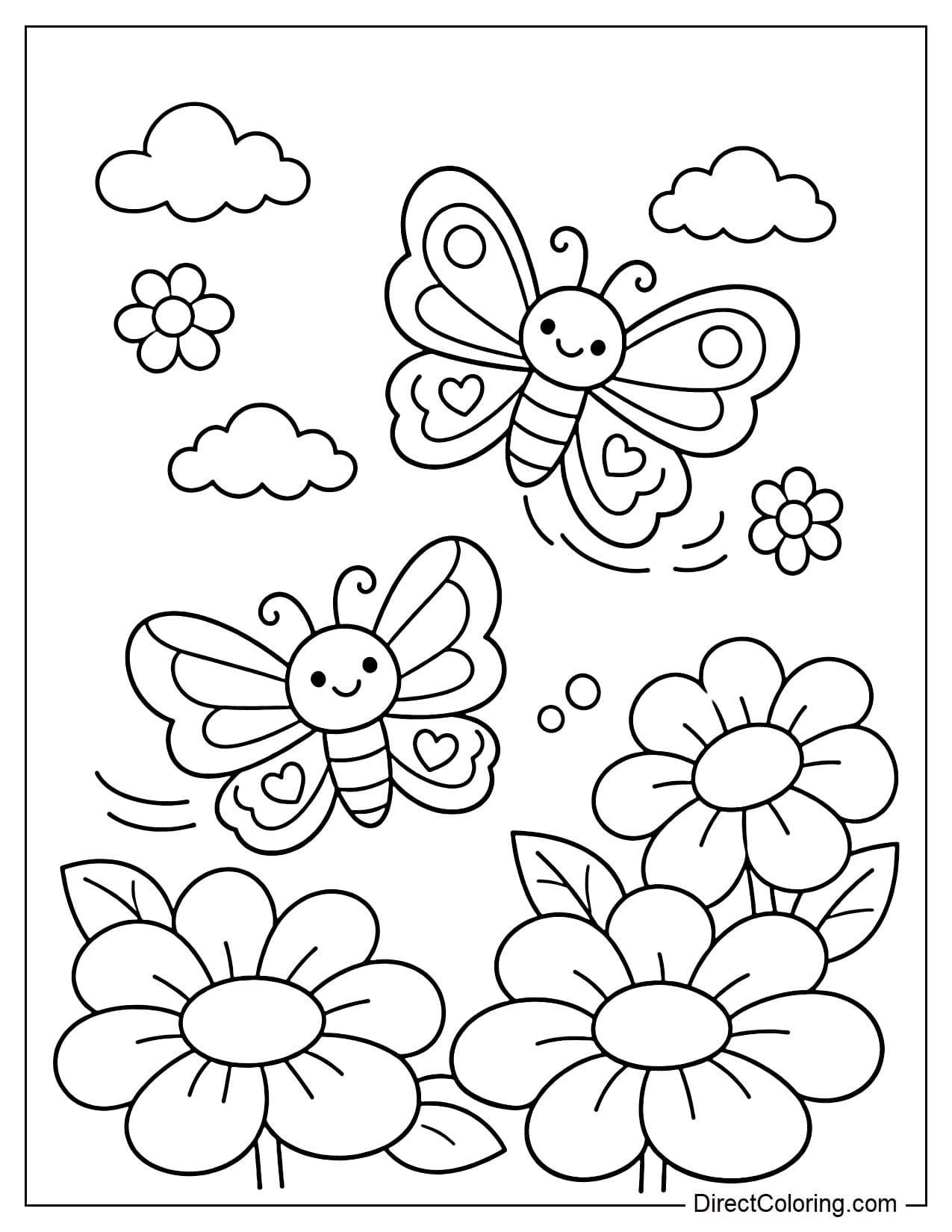 Two butterflies flying among large flowers.