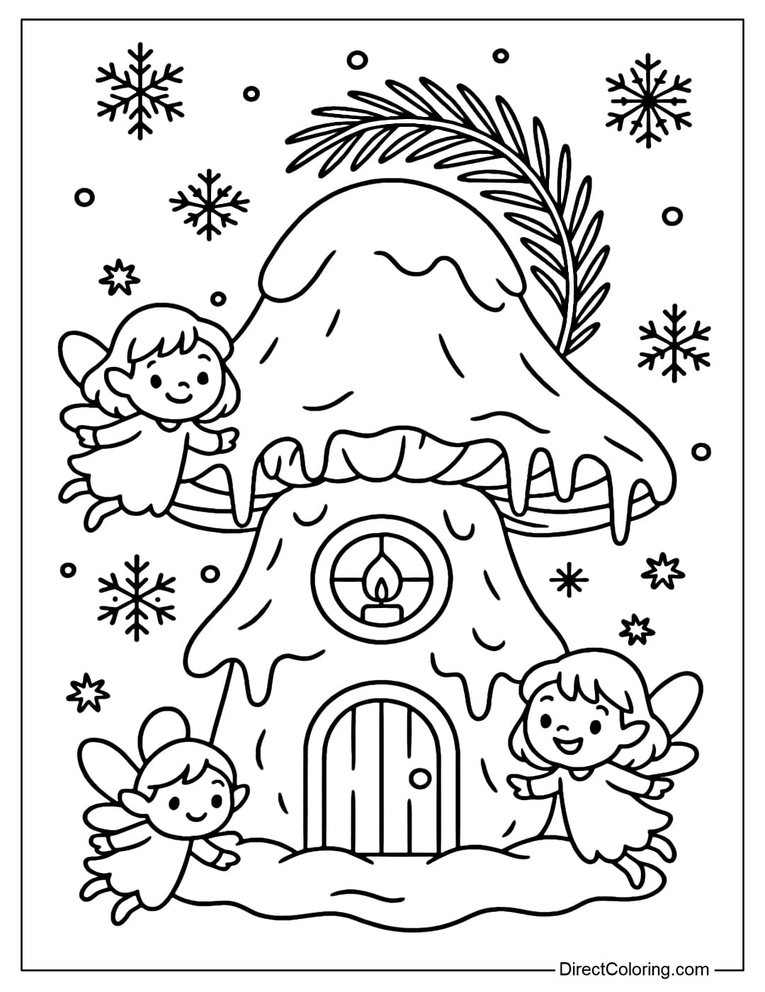 Coloring page of a small winter fairy house, made of ice mushrooms and pine needles, surrounded by snowflakes and little elves.