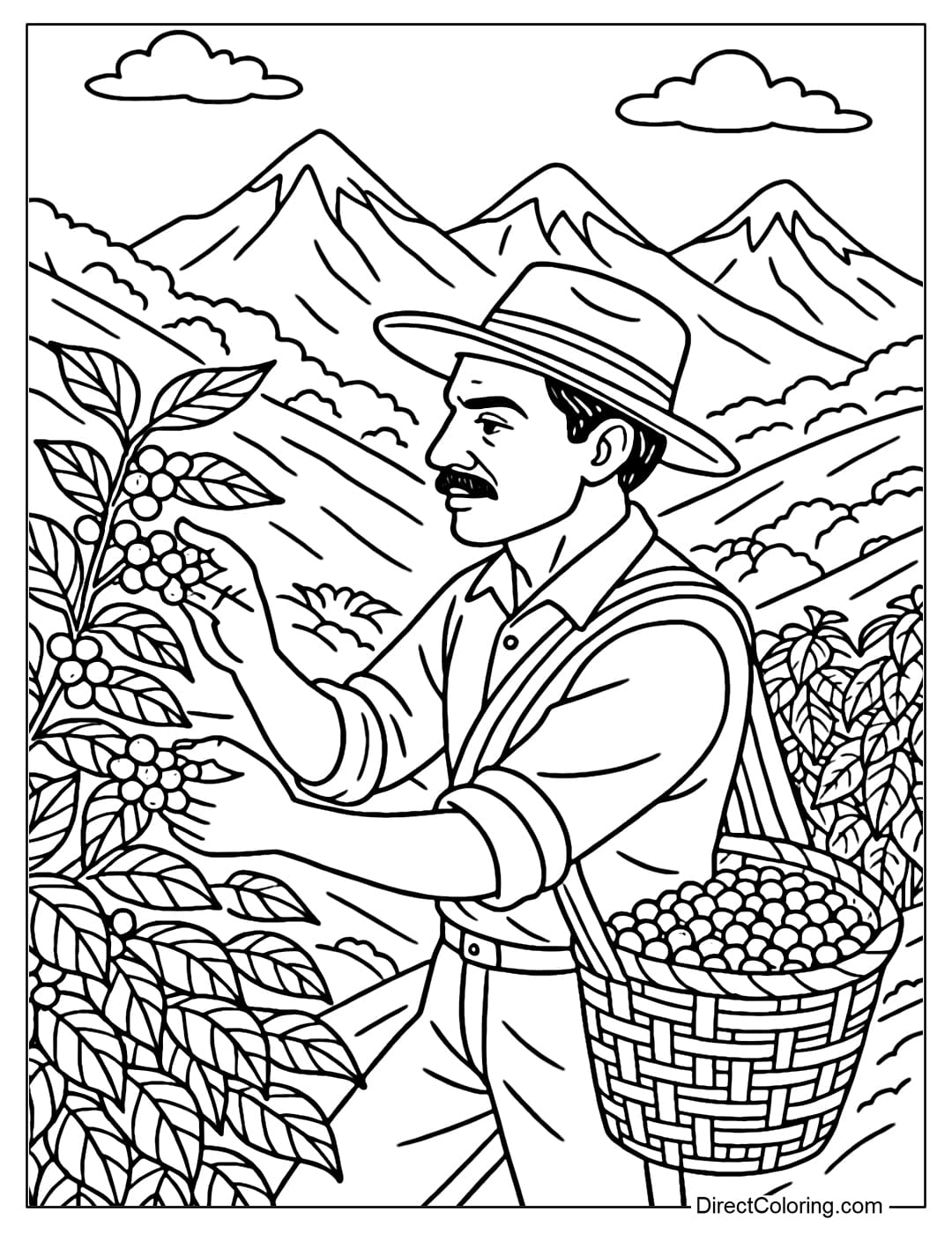 Colombian farmer picking red coffee berries on a hillside, carrying a basket full of coffee beans, with the Andes mountains in the distance.