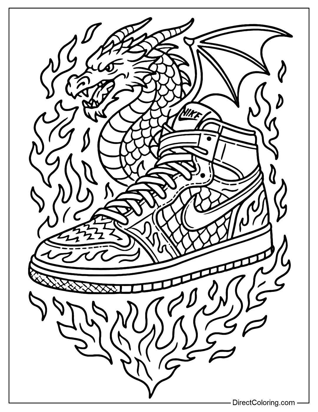 A warrior-style Nike shoe coloring page with flying dragons, fire motifs and dragon scales on the shoe body.