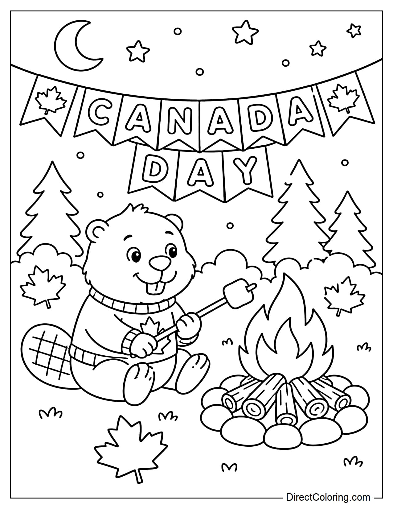 A cute beaver sits by a campfire roasting marshmallows on Canada Day, with small pine trees and maple leaves in the background.