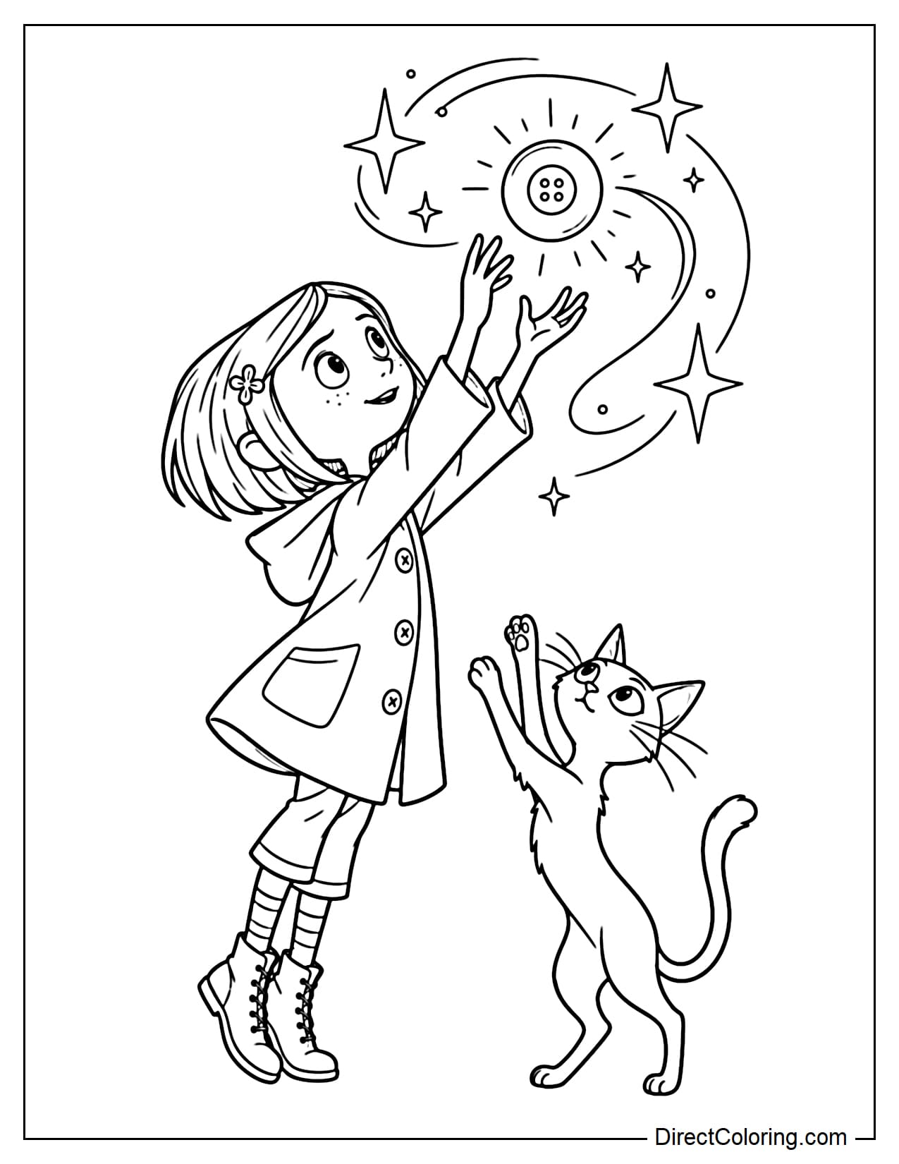 Coraline stands on her tiptoes and reaches both hands toward a small glowing ghost eye floating above her, while the cat below stretches upward on its hind legs.