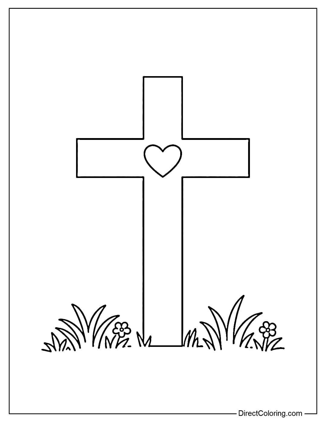 A simple cross coloring page with a small heart in the center, with a few small clumps of grass below.