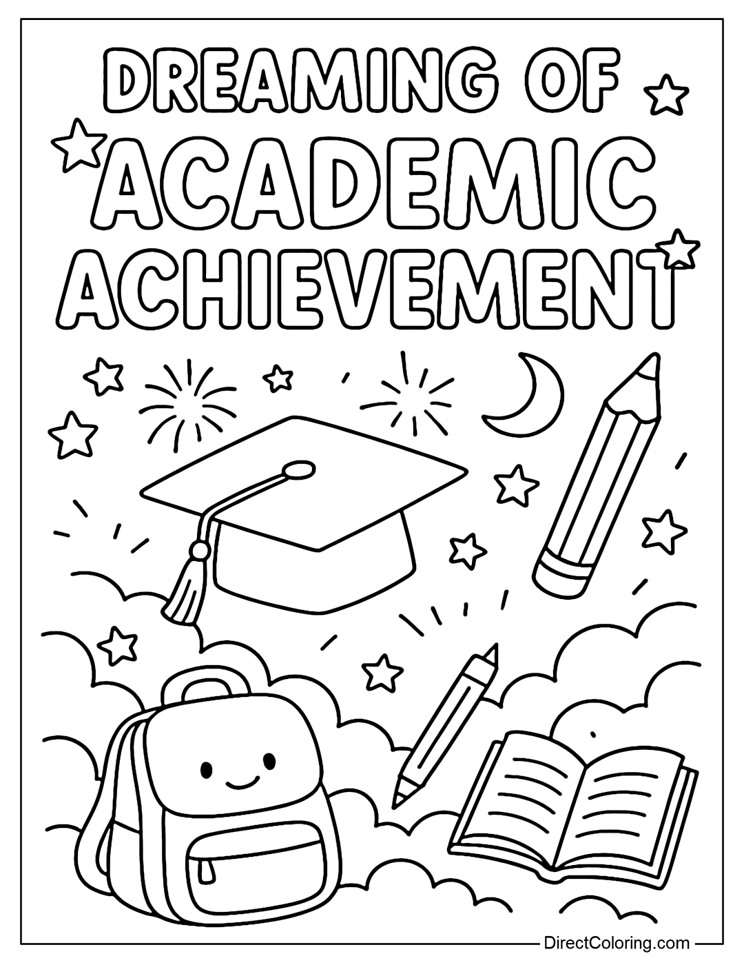 A school dream coloring page with a graduation cap, star and pen flying up to the sky.