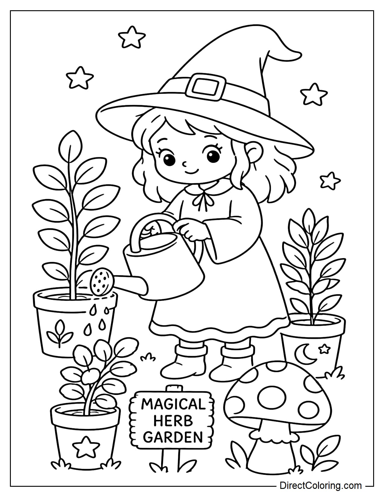 A little witch is holding a watering can and tending a magical herb garden, surrounded by a few pots with large leafy plants and one big mushroom.