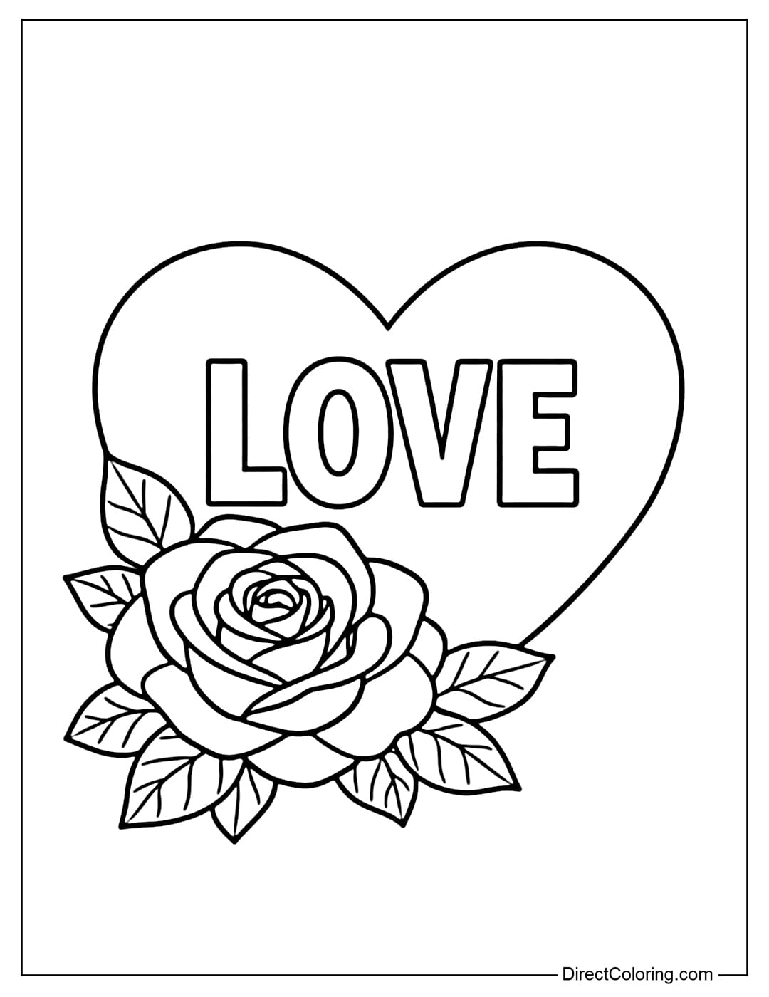 A coloring page of a heart shape, with the word LOVE inside, decorated with a large rose and a few leaves next to it.