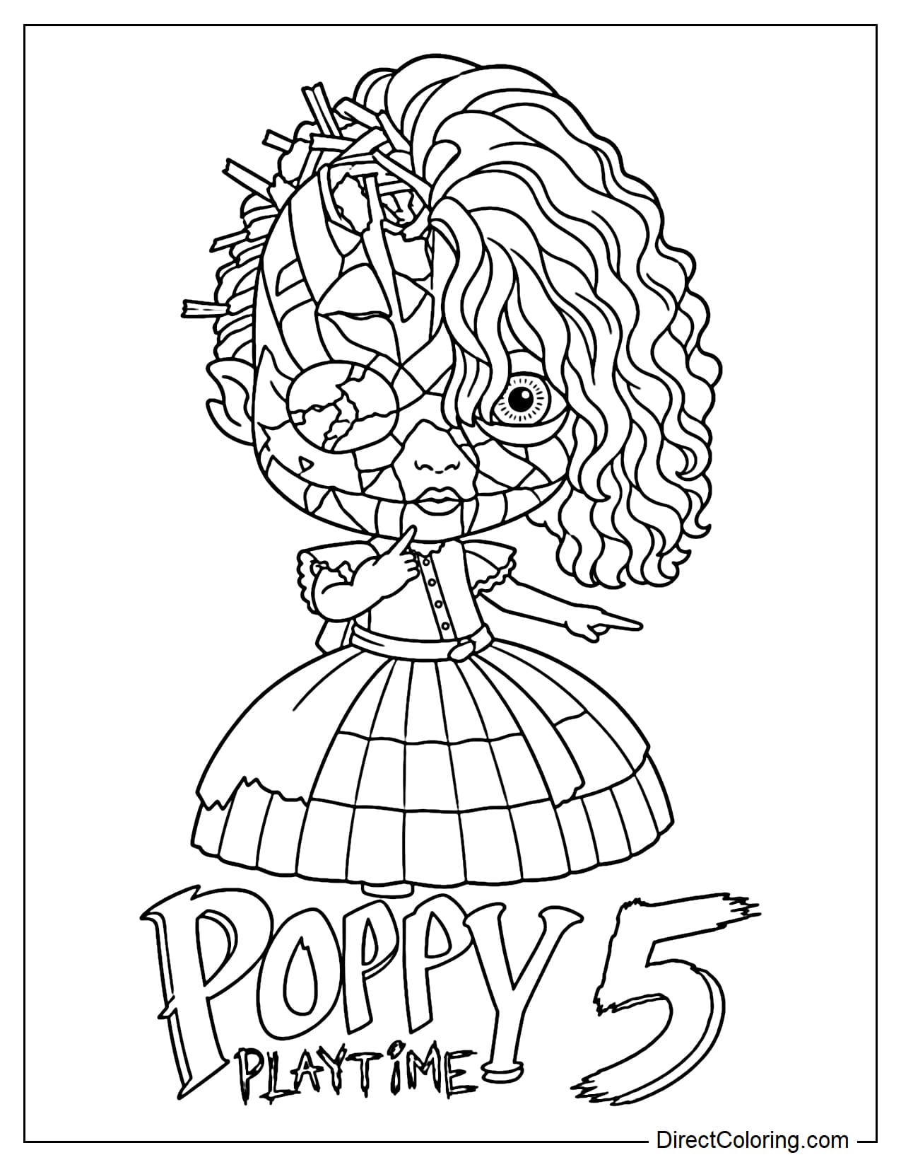 Poppy doll with a severely damaged appearance from Poppy Playtime 5 Broken Things. Below is the 