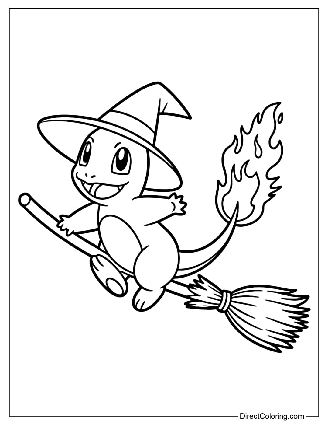 Coloring page Charmander wearing a witch hat riding a broom like a witch, his tail emitting warm fire.