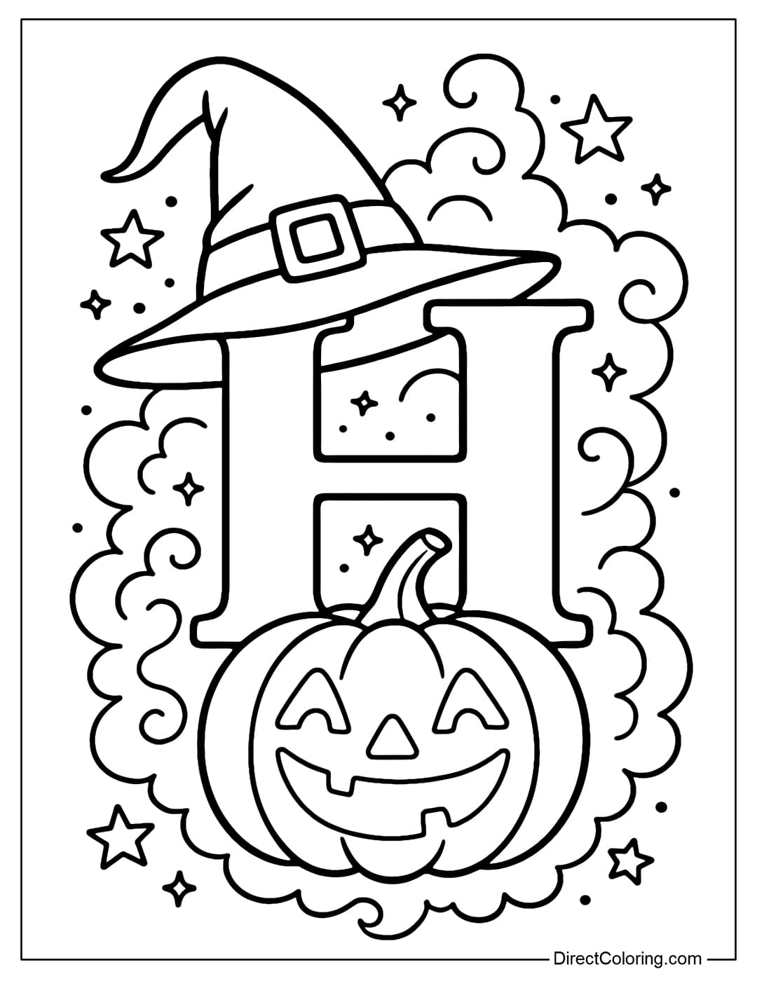 The letter H coloring page is wearing a witch's hat, with a smiling pumpkin face holding a shining wand.