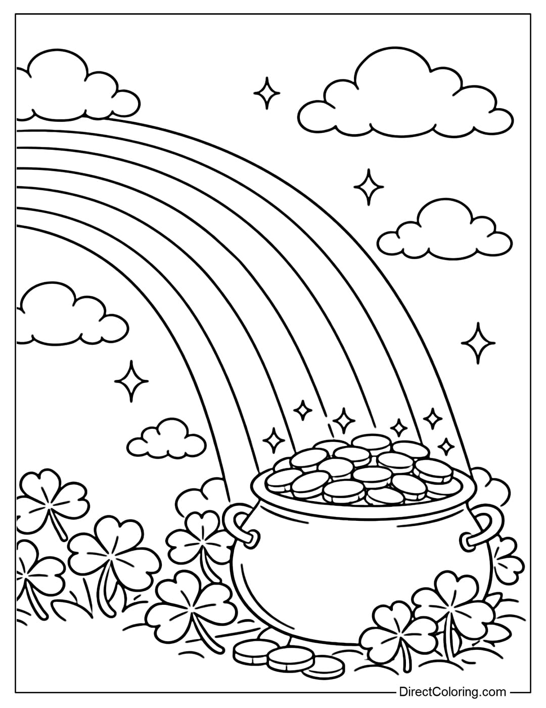 This rainbow coloring page ends with a pot of gold filled with glittering coins, surrounded by shamrock and some small clouds.