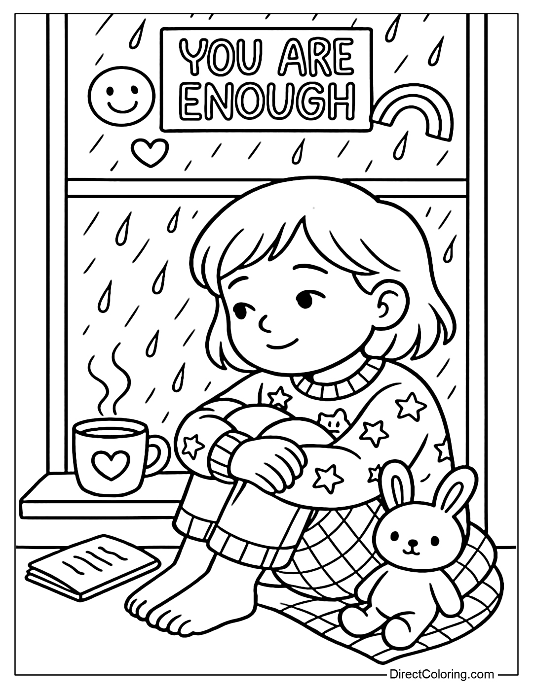 A coloring page of a child sitting and watching the rain through the window, with a You Are Enough sticker on the window frame.
