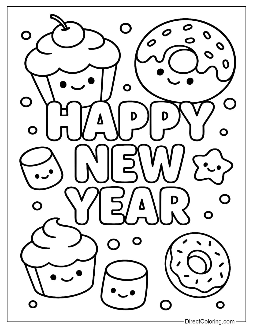 The HAPPY NEW YEAR coloring page is surrounded by a world of sweet cakes including cupcakes, donuts, and plump marshmallows.
