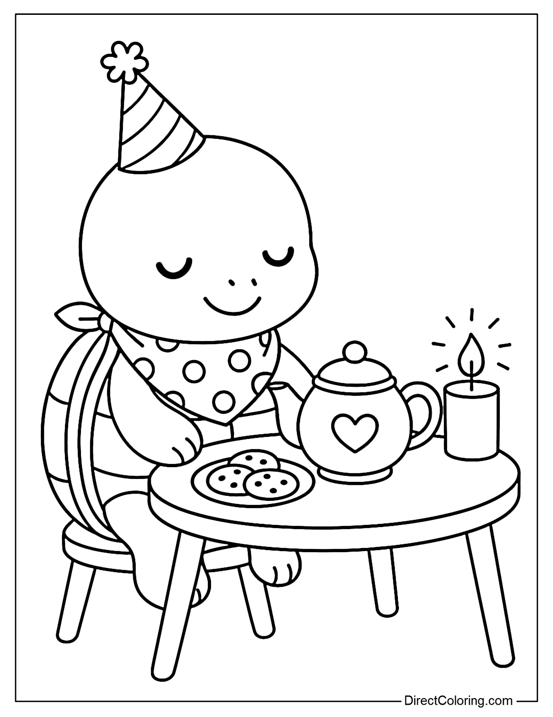 A coloring page of a turtle sitting at a small tea table, with a heart-shaped teapot and cookies on a plate. The turtle wears a polka dot napkin, a party hat and has a scented candle nearby.