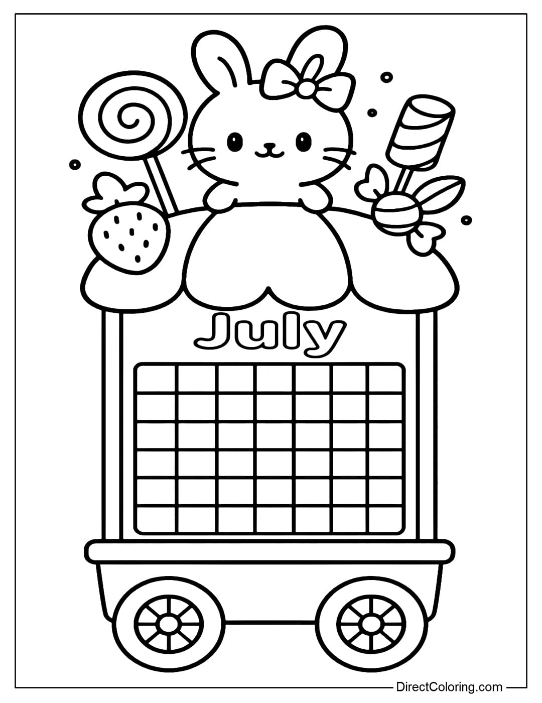 July calendar coloring page featuring a small candy cart, with the calendar on the front of the cart and a chibi bunny standing next to various candies on top.