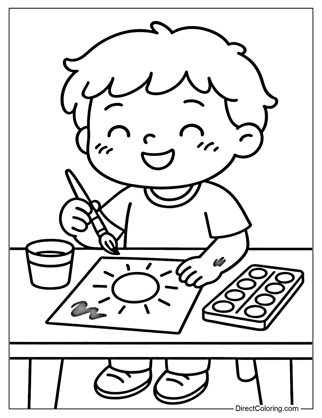 Coloring Page The boy is drawing a picture with watercolors, his hands are dirty but he is smiling brightly. The unfinished picture is the sun. The drawing table, the paint basin and the cup to wash the pen are drawn simply.
