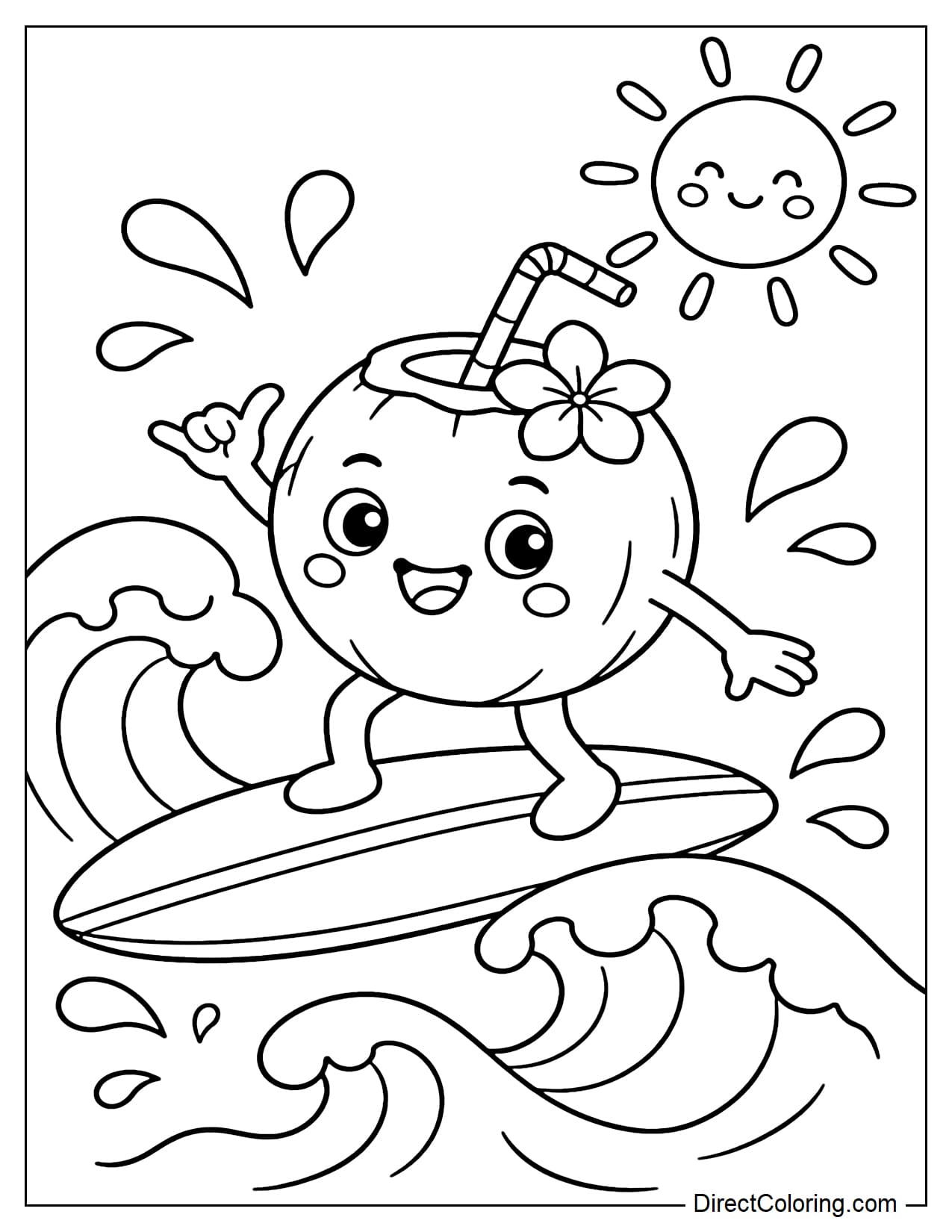 A playful coconut stands on a surfboard amidst the waves, surrounded by large water droplets and a small sun.