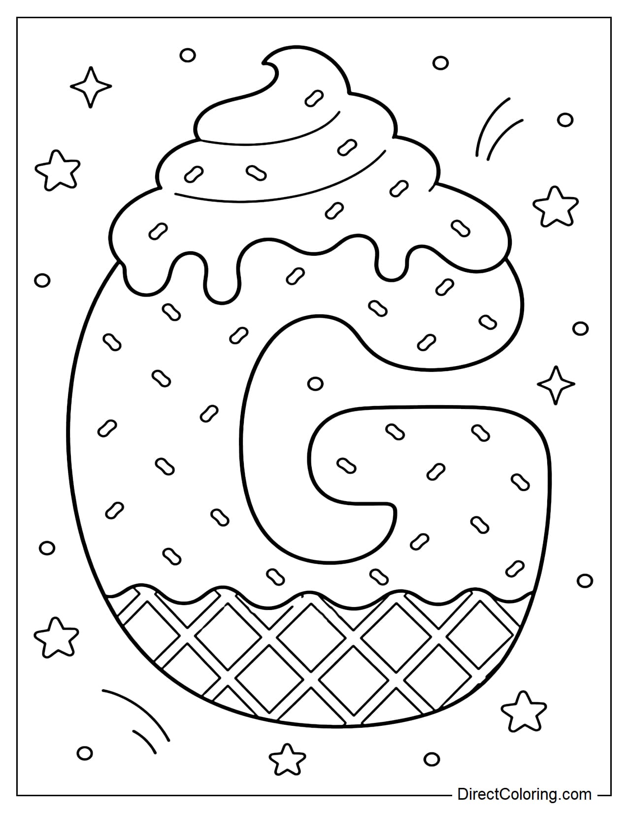 A large, bubble-shaped uppercase G made from soft serve ice cream, with a light, melting cream topping. The entire letter is sprinkled with tiny sprinkles, and the base has a waffle texture. It's surrounded by small stars and dots.