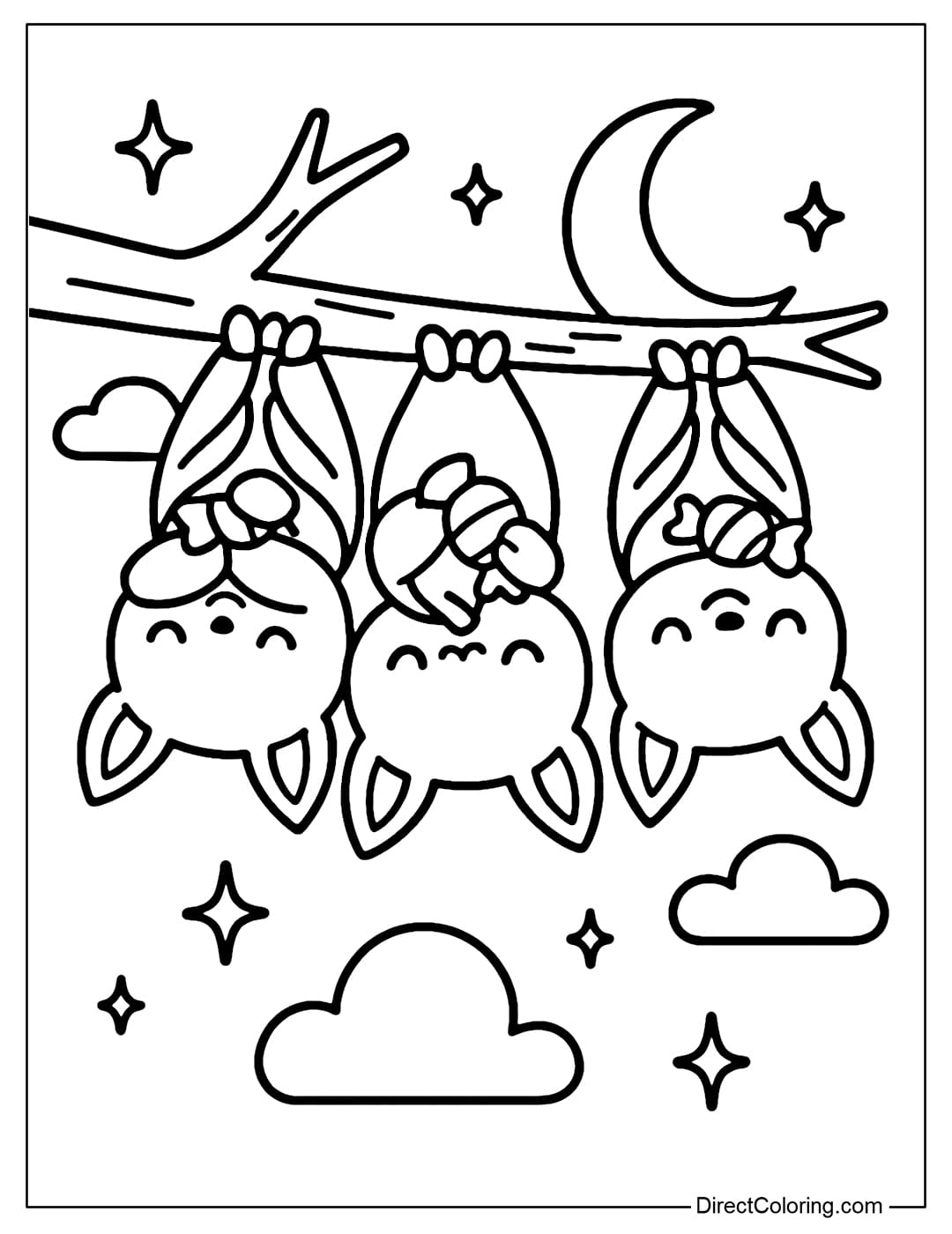 A coloring page for three cute bats hanging upside down on a dry tree branch, each holding a candy, with clouds, a moon and some stars.