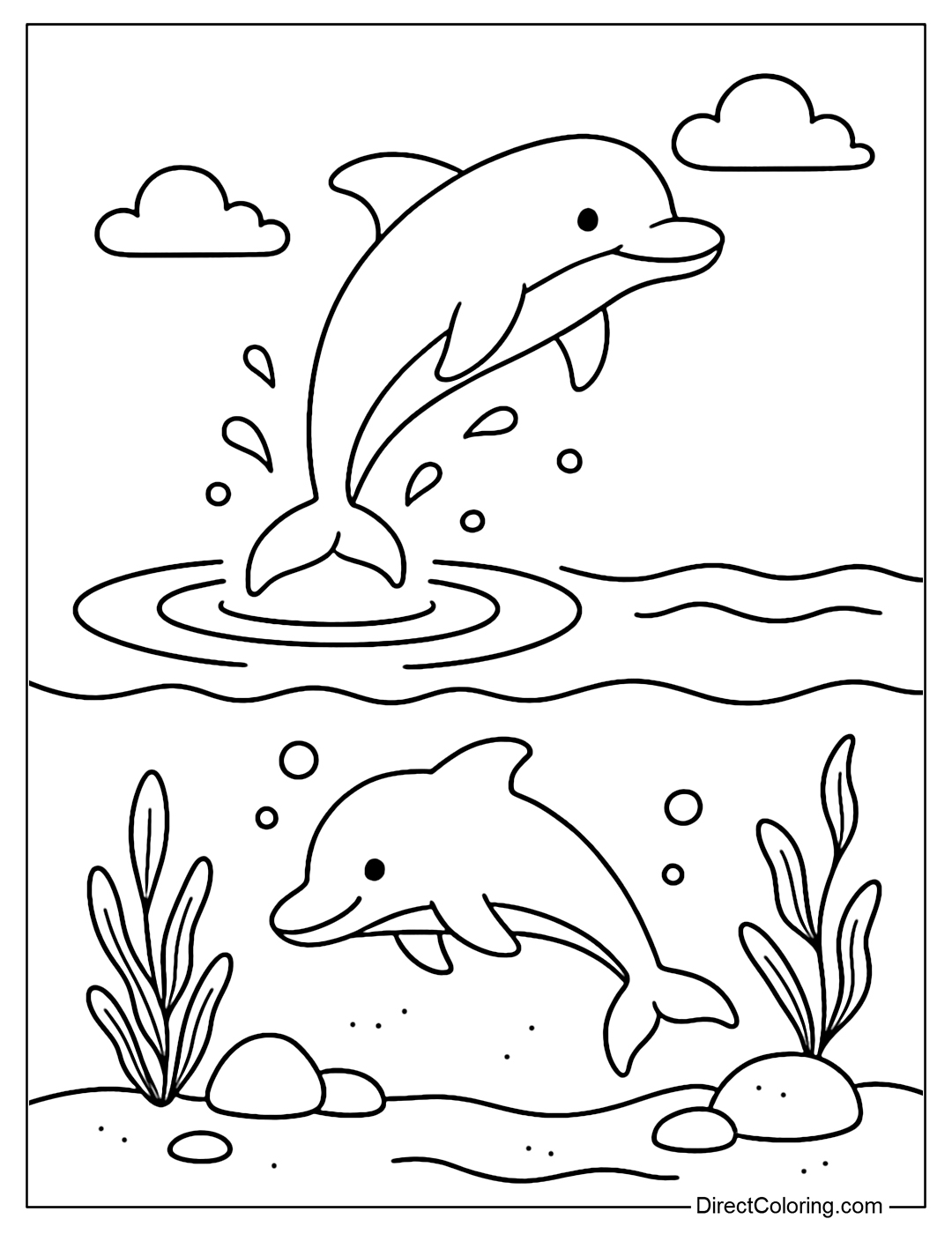 Coloring page of a dolphin jumping out of the water and diving to the bottom, with water waves.