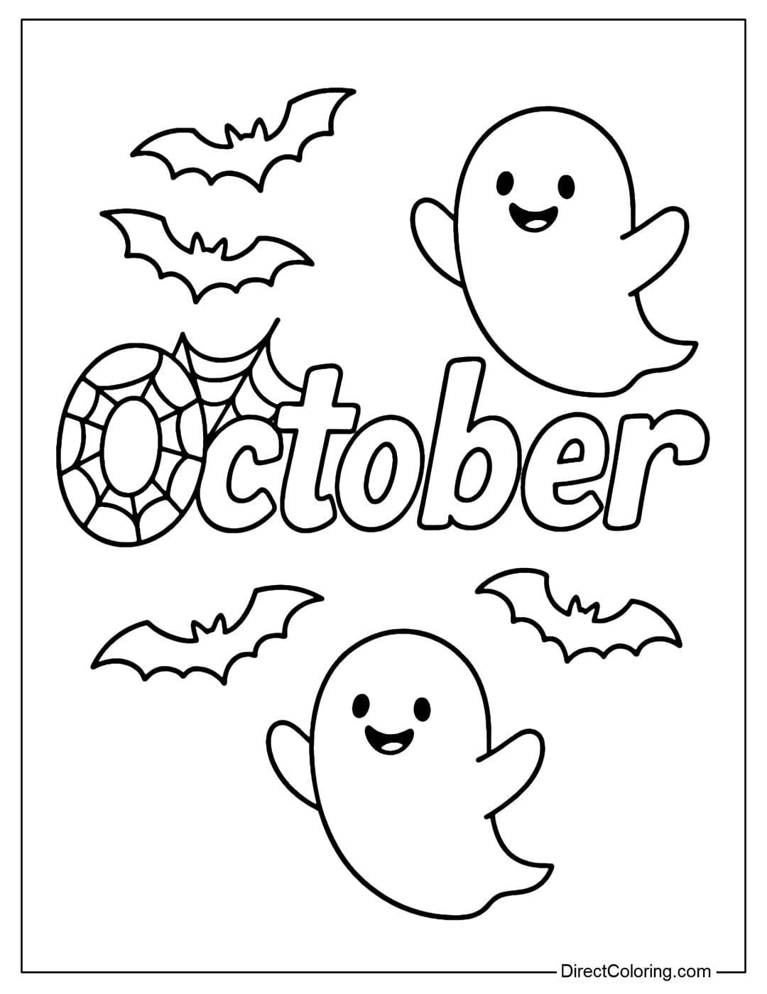 A Halloween-themed October coloring page: the word has a spider web, little bats flying around, and a cute little ghost smiling by her side.