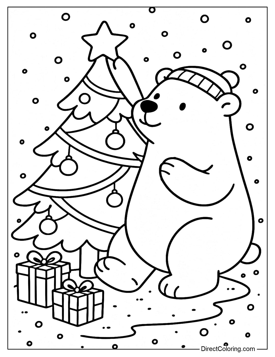 Coloring page of a polar bear decorating a Christmas tree with stars, baubles and ribbons.