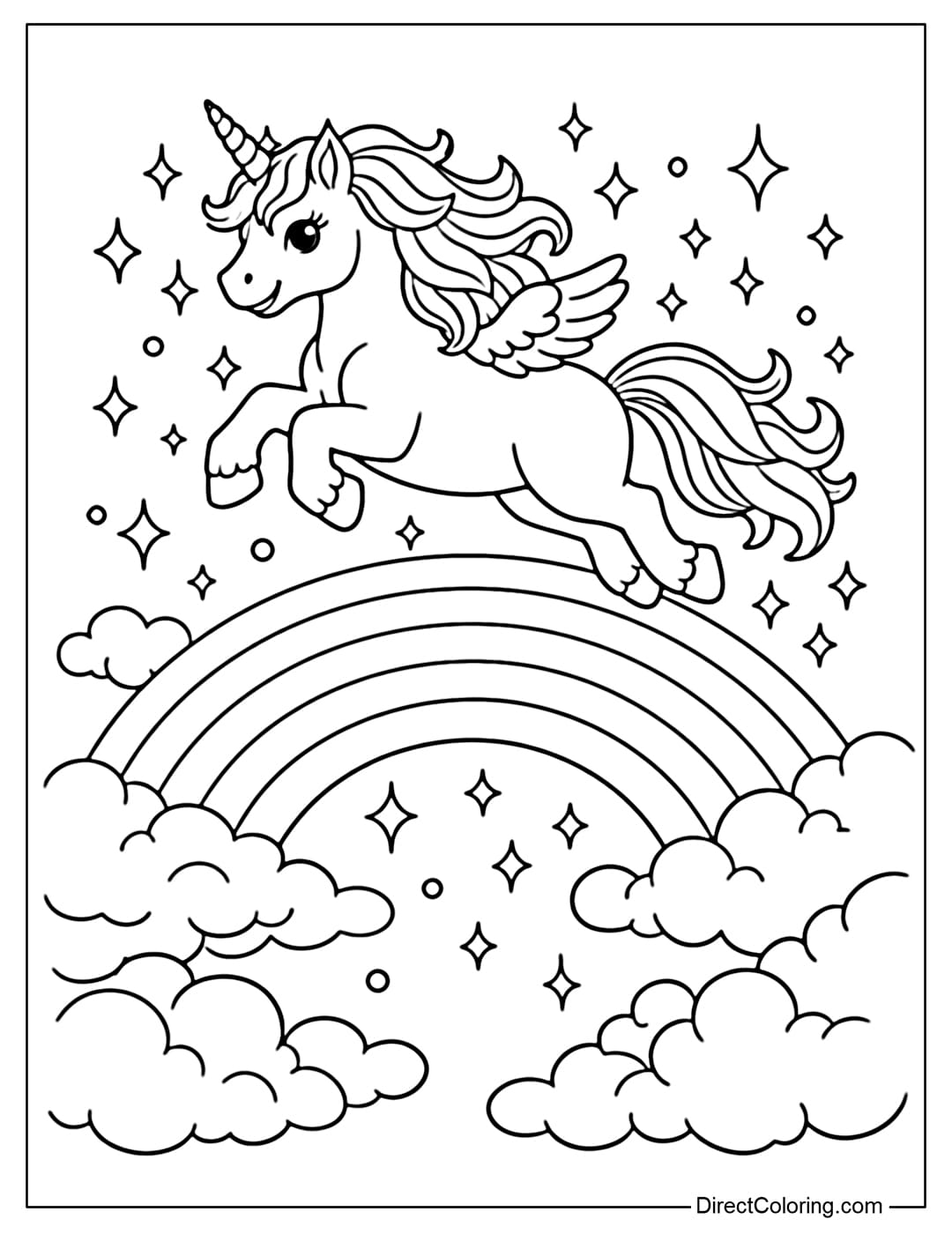 A coloring page featuring a unicorn jumping across a large rainbow in the sky.