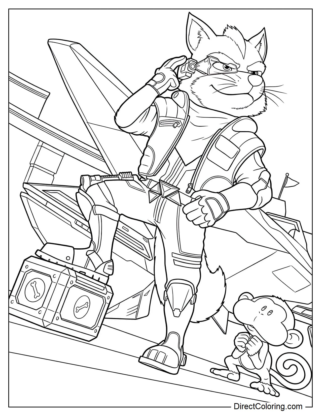 Fox McCloud stands with one foot on a crate and one hand touching his targeting visor. Beside him is his small monkey companion, with a futuristic spaceship in the background.