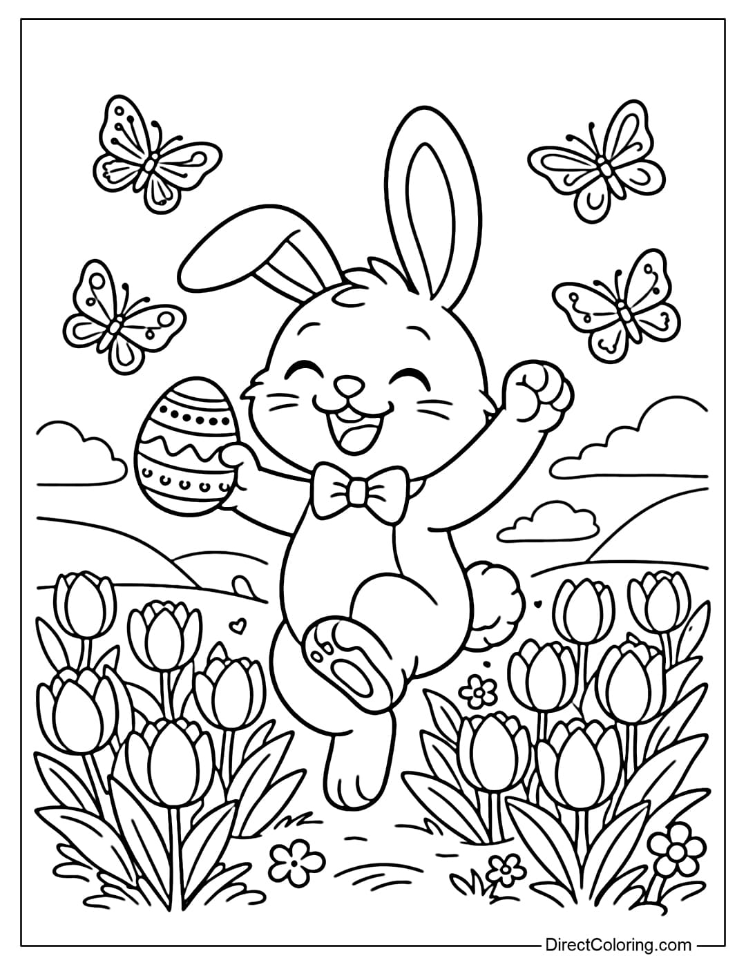 A coloring page of an Easter bunny happily dancing amidst a field of tulips and butterflies.