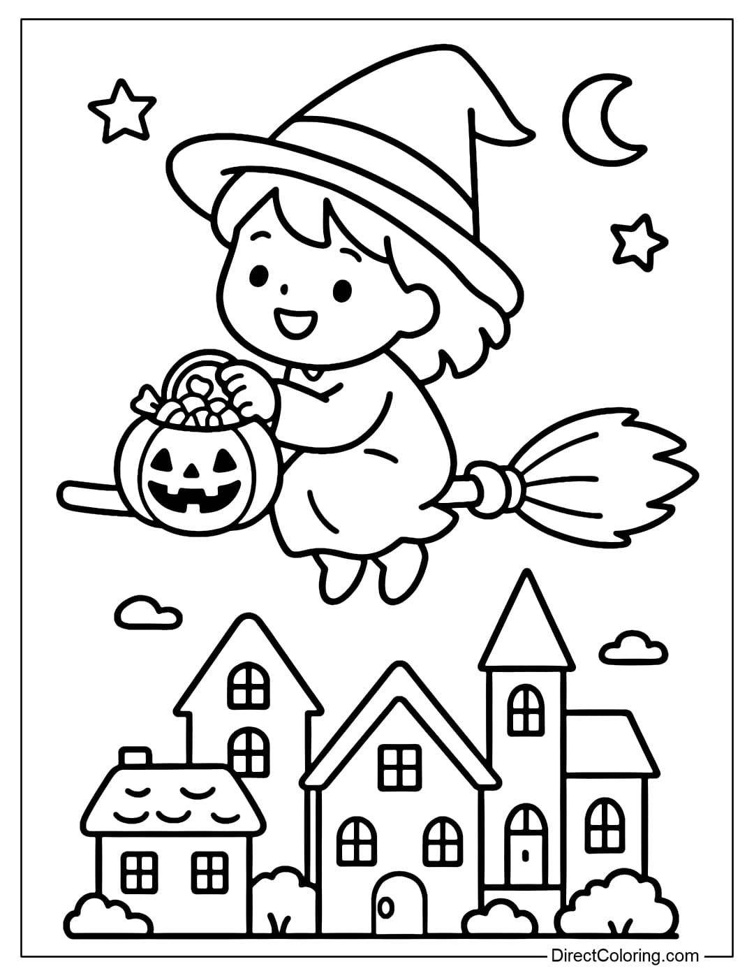 A coloring page of a little witch riding a broomstick, holding a candy basket, with a Halloween street lit up at her feet.