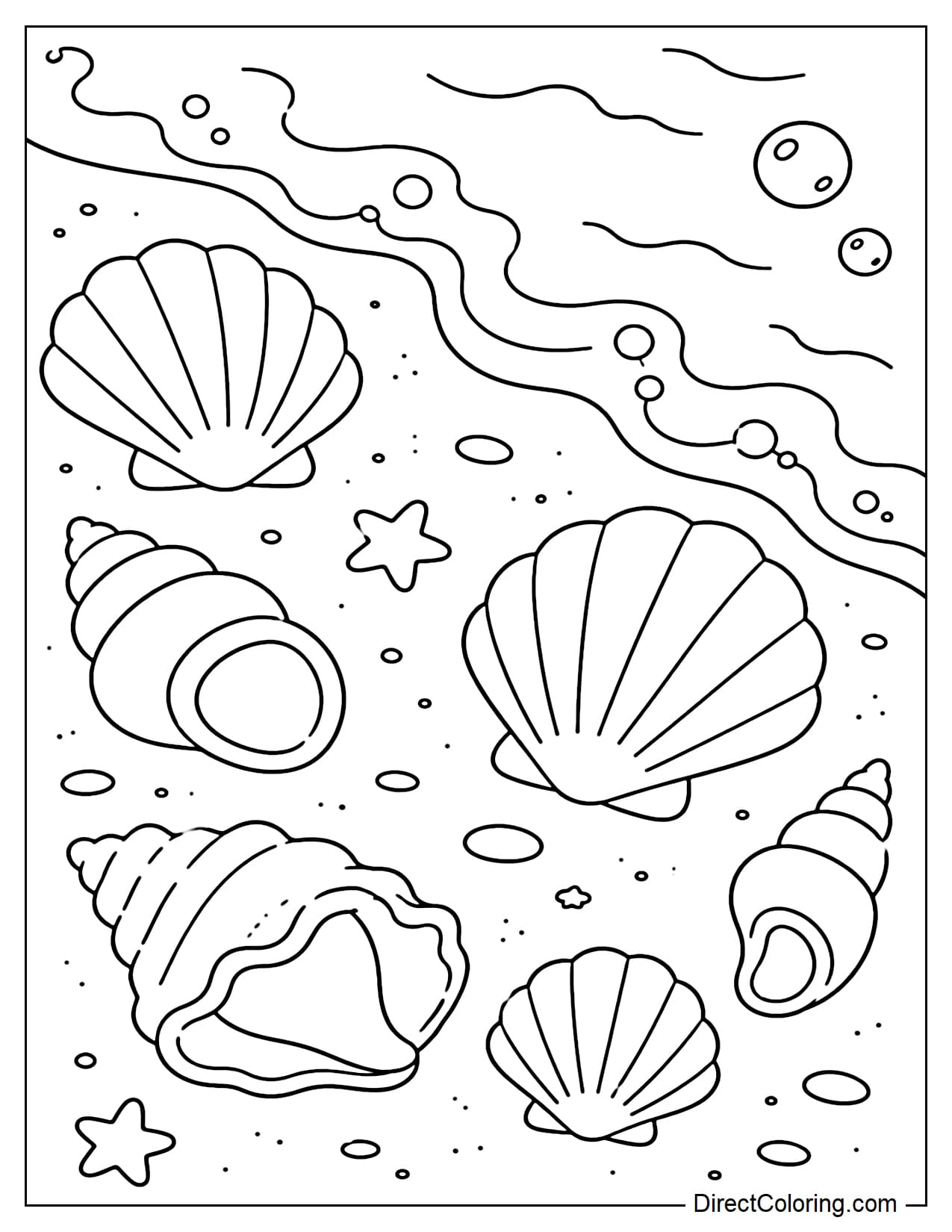 Large seashells are scattered on the sand near the water's edge, surrounded by gentle waves and bubbles.
