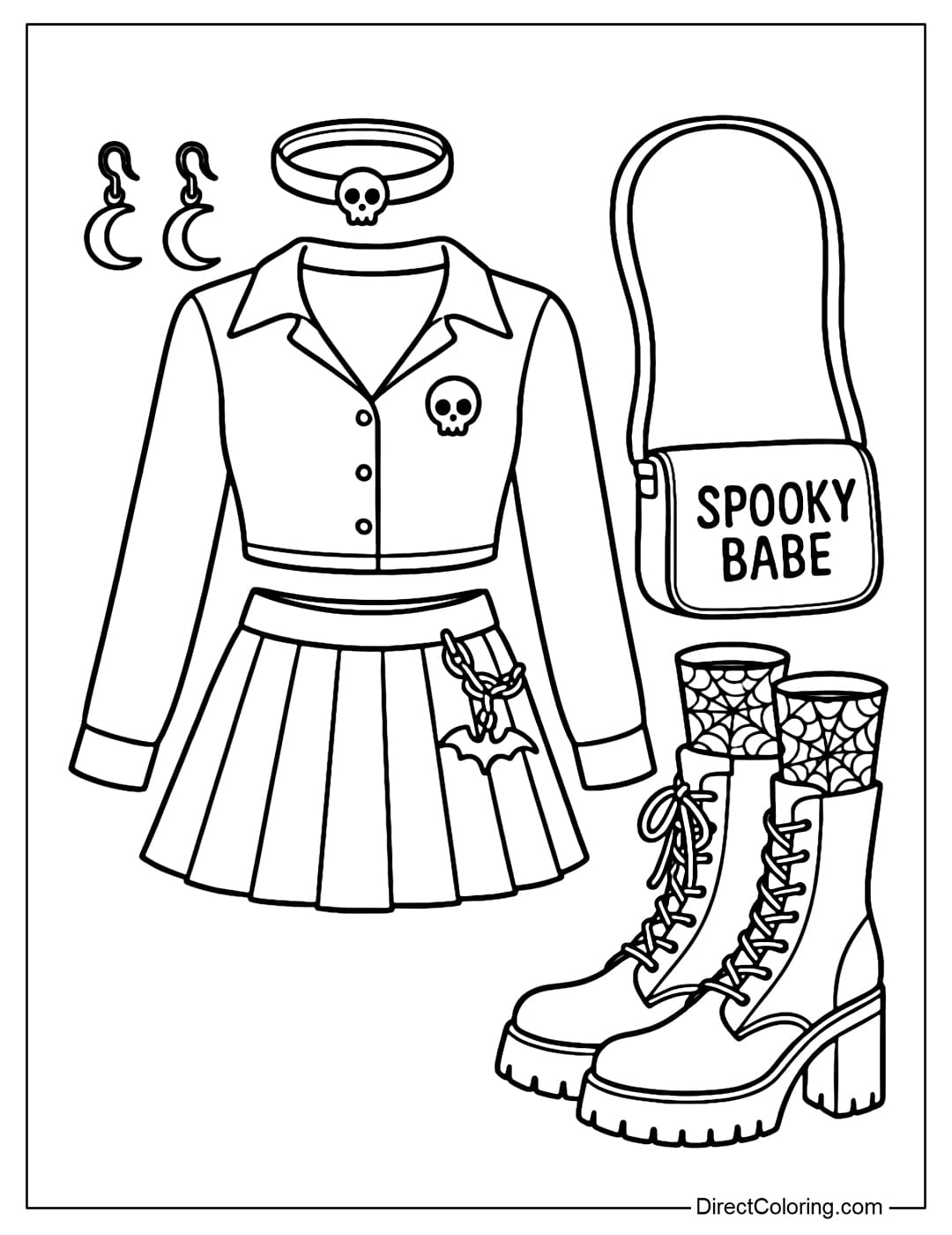 Coloring page for a modern Halloween outfit including a long-sleeved crop top, a pleated mini skirt with decorative chains, chunky high-top boots, a strong square heel, and thin lace socks with spider web motifs.