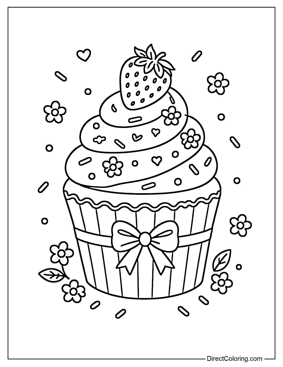 Coloring page of a cupcake with frosting and a strawberry on top, decorated with seeds and small flowers.