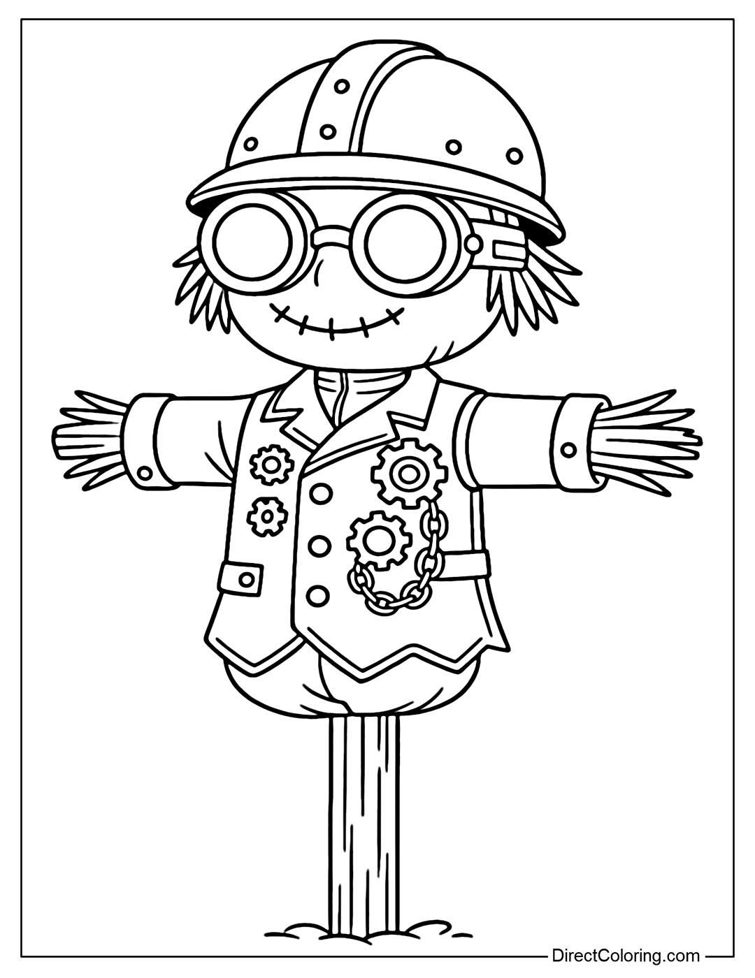 A scarecrow coloring page in steampunk style, wearing a helmet, wearing round glasses, clothes with gears and chains decorated.
