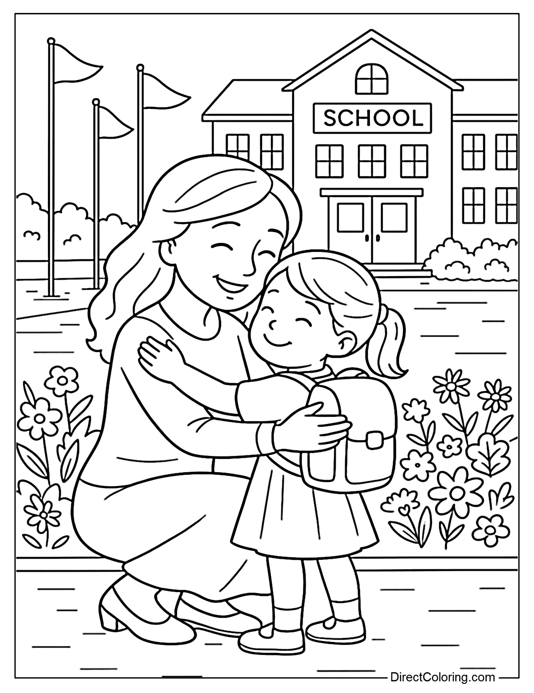 A coloring page of a kid hugging his mom before entering the classroom, with a schoolyard full of flags and flowers in the background.