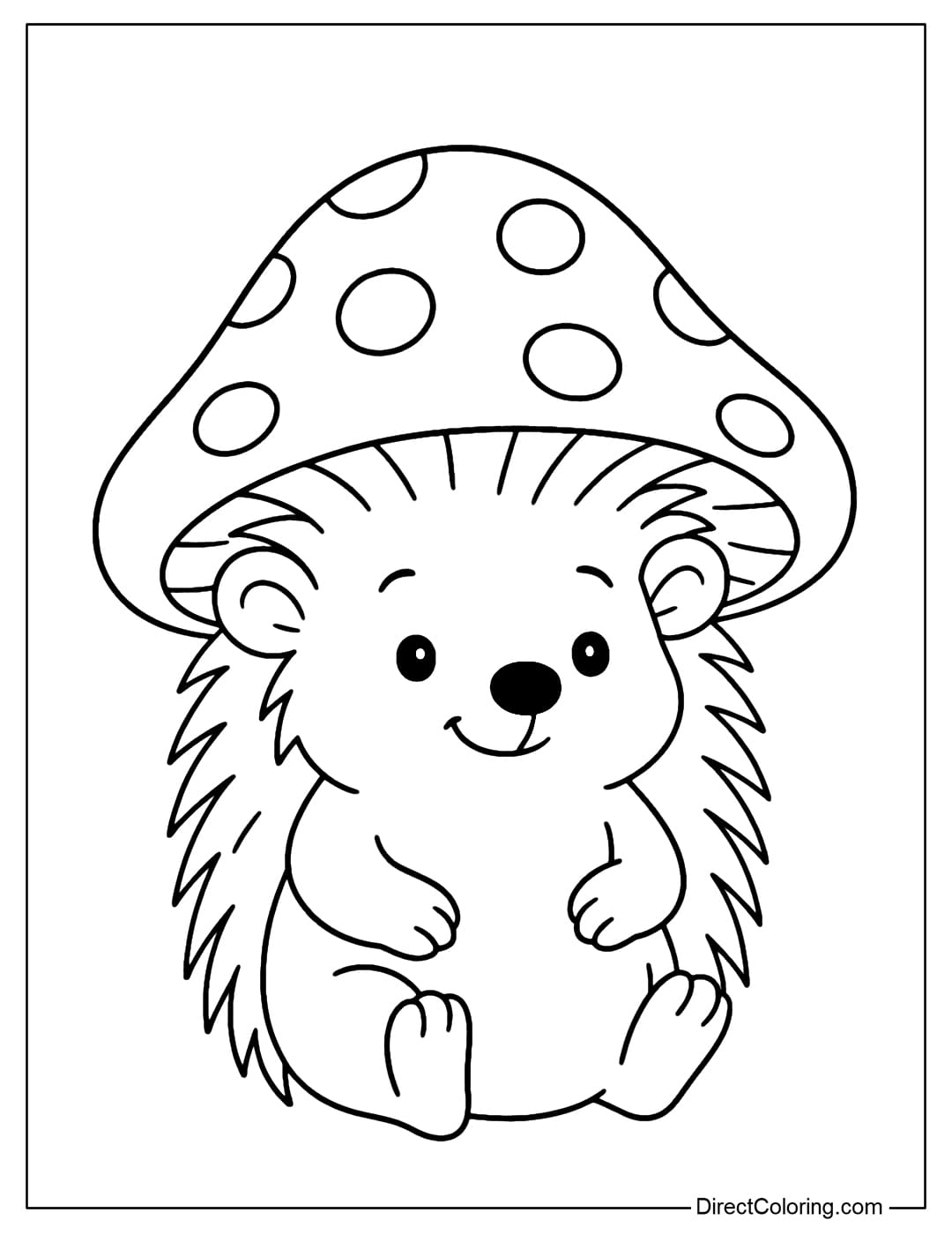 Hedgehog with Mushroom Hat Coloring Page A cute little hedgehog coloring page wearing a hat made of mushrooms.