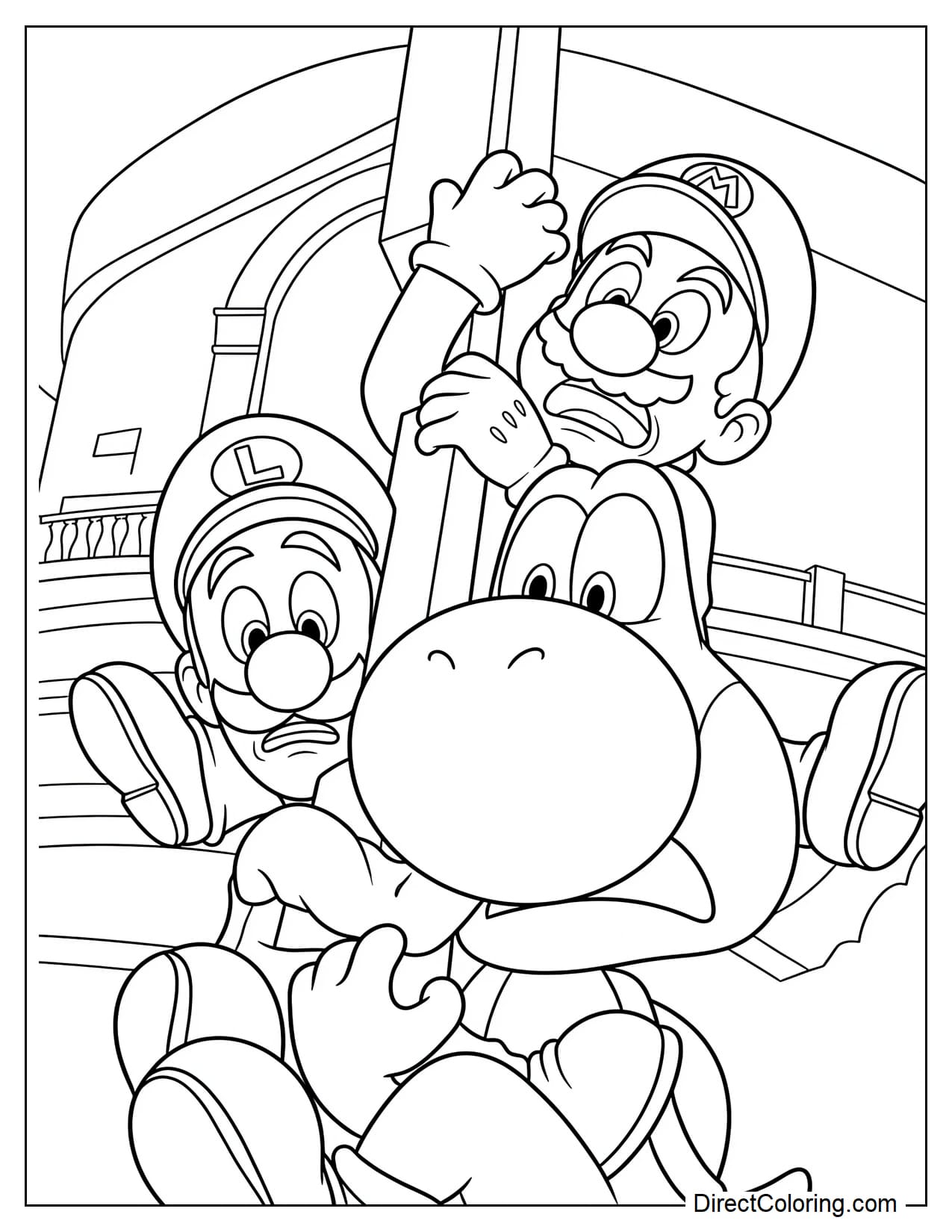 Mario, Luigi, and Yoshi desperately cling to a pole to avoid falling as the tower behind them is violently shaken and destroyed.