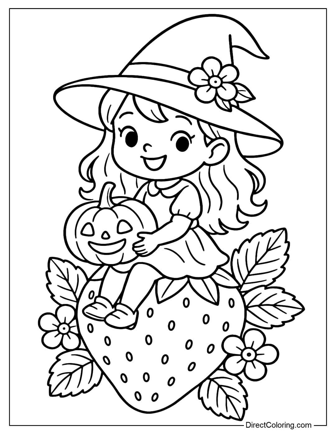 A little witch sitting on a ripe strawberry, surrounded by strawberry flowers, a bright smile, a pink hat decorated with flowers.