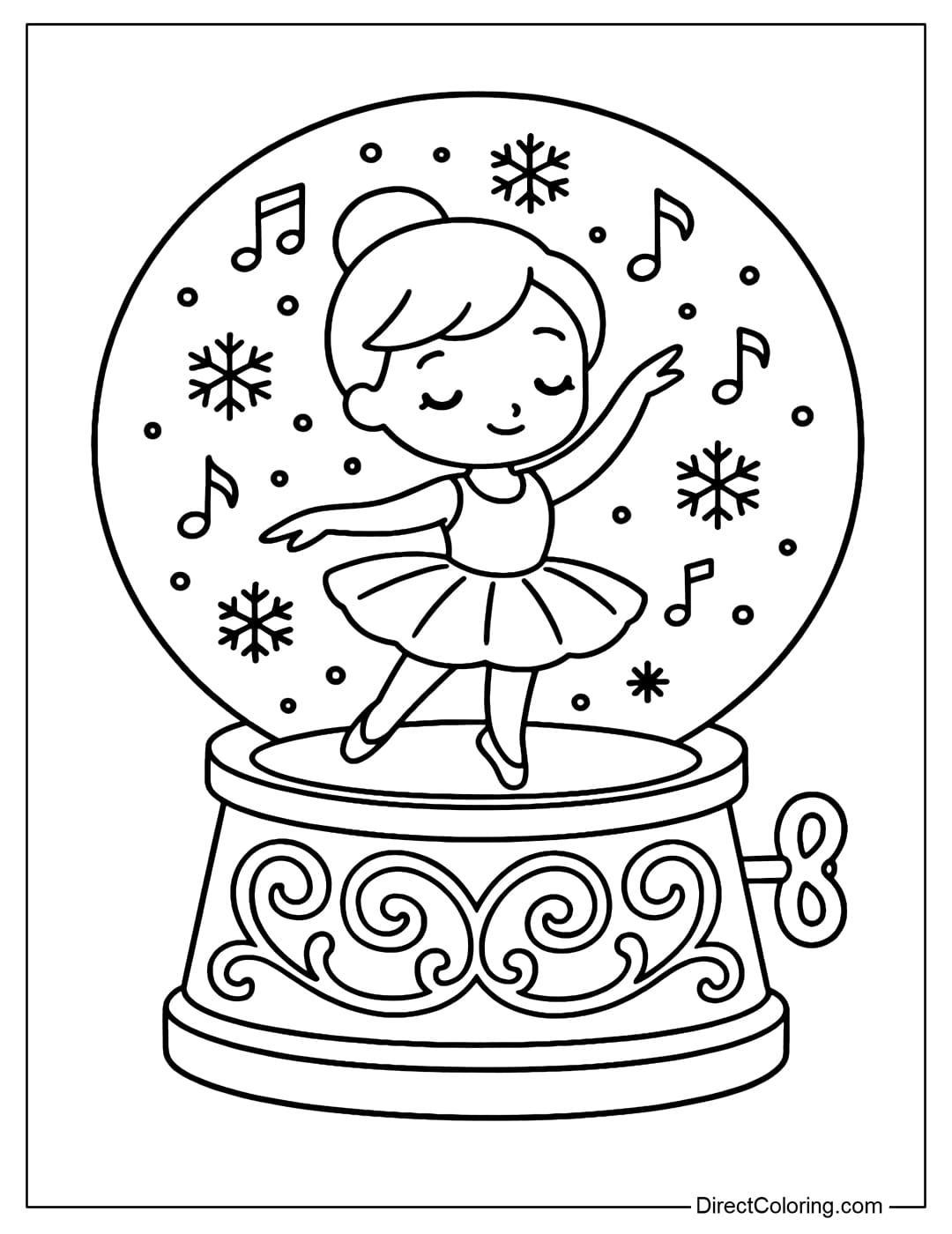 A snow globe coloring page resembling a music box, with a chibi ballerina inside, and a music box base with a knob.