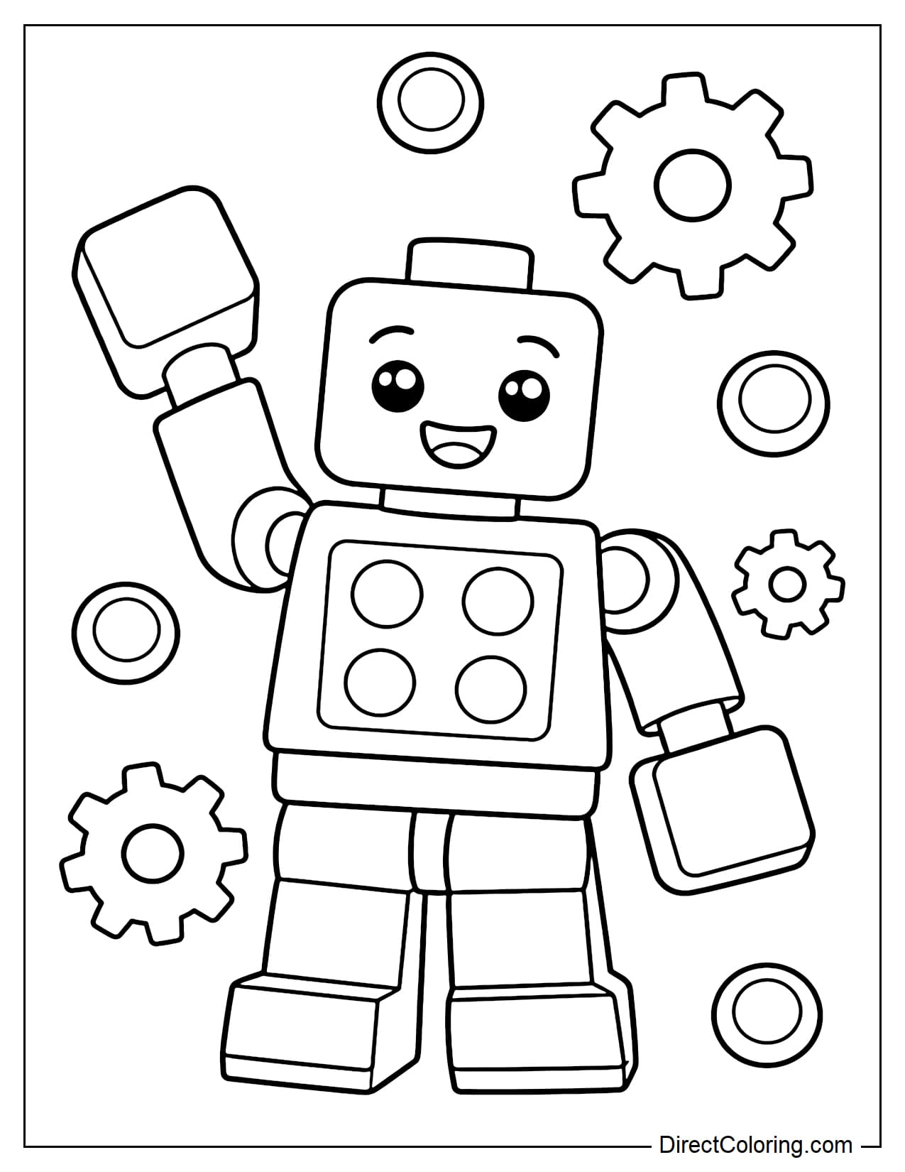 A LEGO robot with large square arms is waving cheerfully, surrounded by large gears and round buttons.
