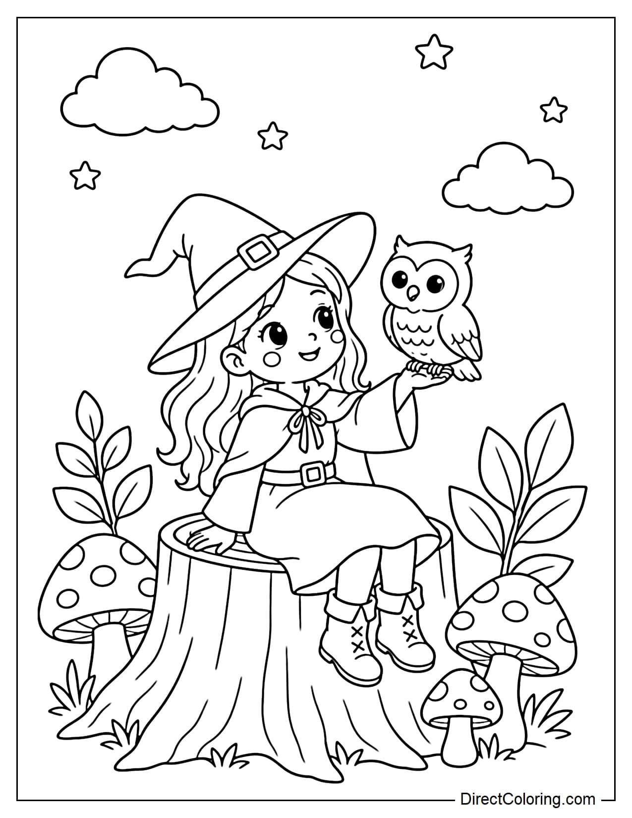 A witch is sitting on a large tree stump in the forest, raising one arm for a friendly owl to perch on, with a few large mushrooms around her.